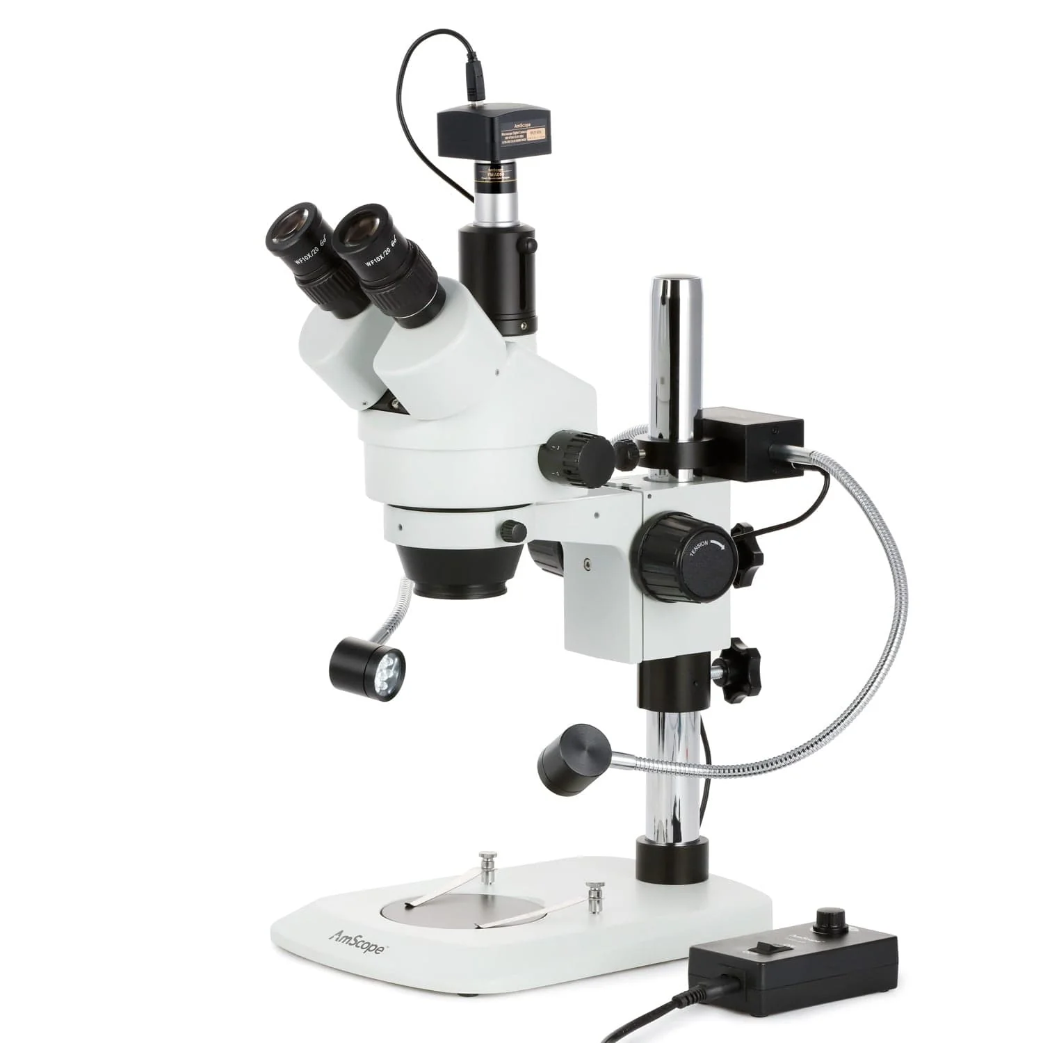 AmScope SM-1 Series Industrial Inspection Zoom Trinocular Stereo Microscope 7X-45X Magnification w/8W LED Dual Gooseneck Illuminator + Optional Digital Camera on Pillar Stand with Small Base - Image 4