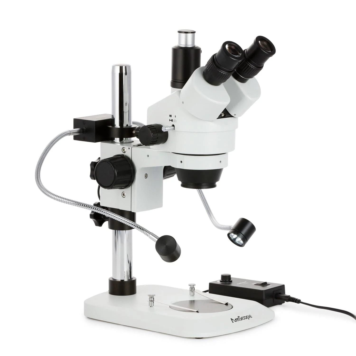 AmScope SM-1 Series Industrial Inspection Zoom Trinocular Stereo Microscope 7X-45X Magnification w/8W LED Dual Gooseneck Illuminator + Optional Digital Camera on Pillar Stand with Small Base - Image 5