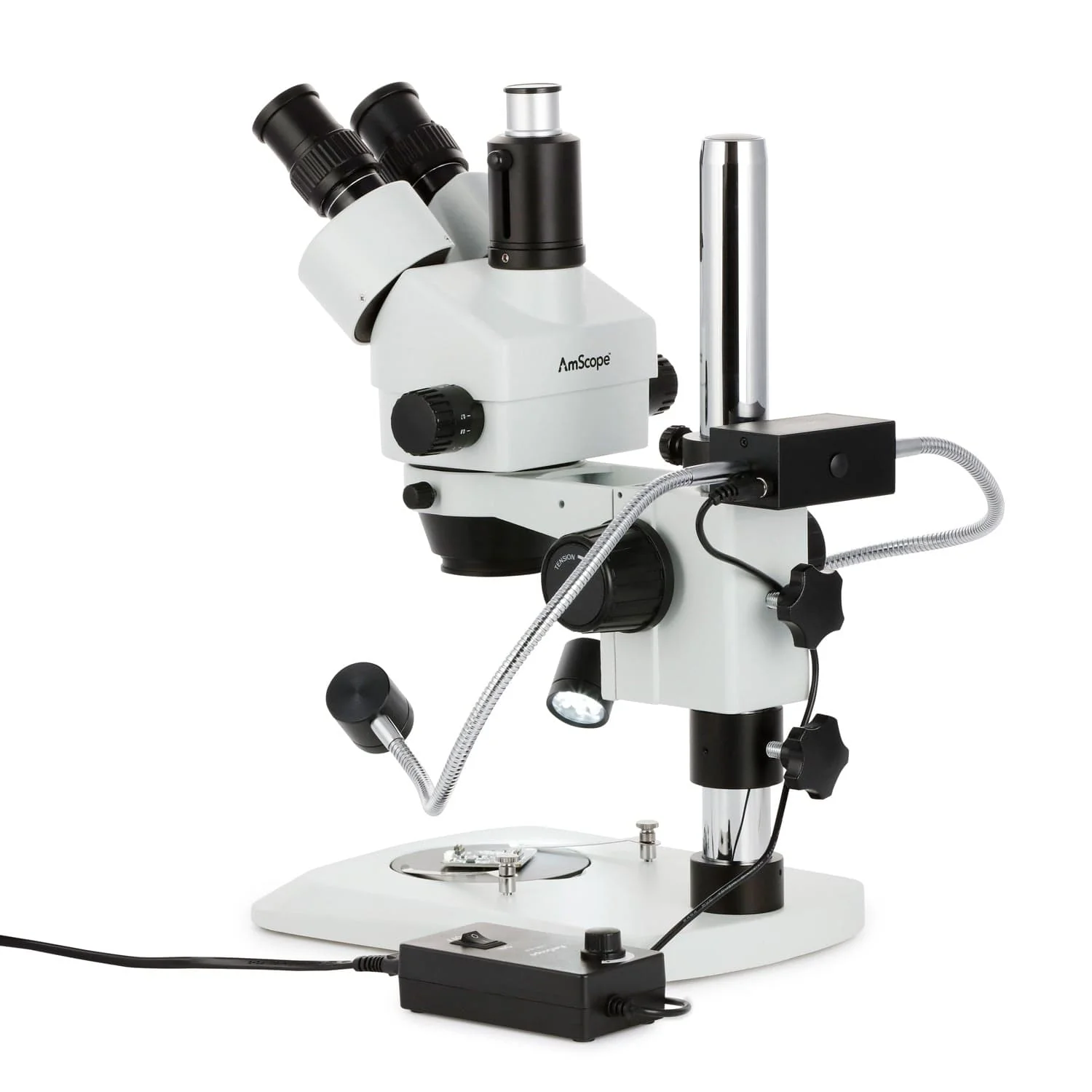 AmScope SM-1 Series Industrial Inspection Zoom Trinocular Stereo Microscope 7X-45X Magnification w/8W LED Dual Gooseneck Illuminator + Optional Digital Camera on Pillar Stand with Small Base - Image 6