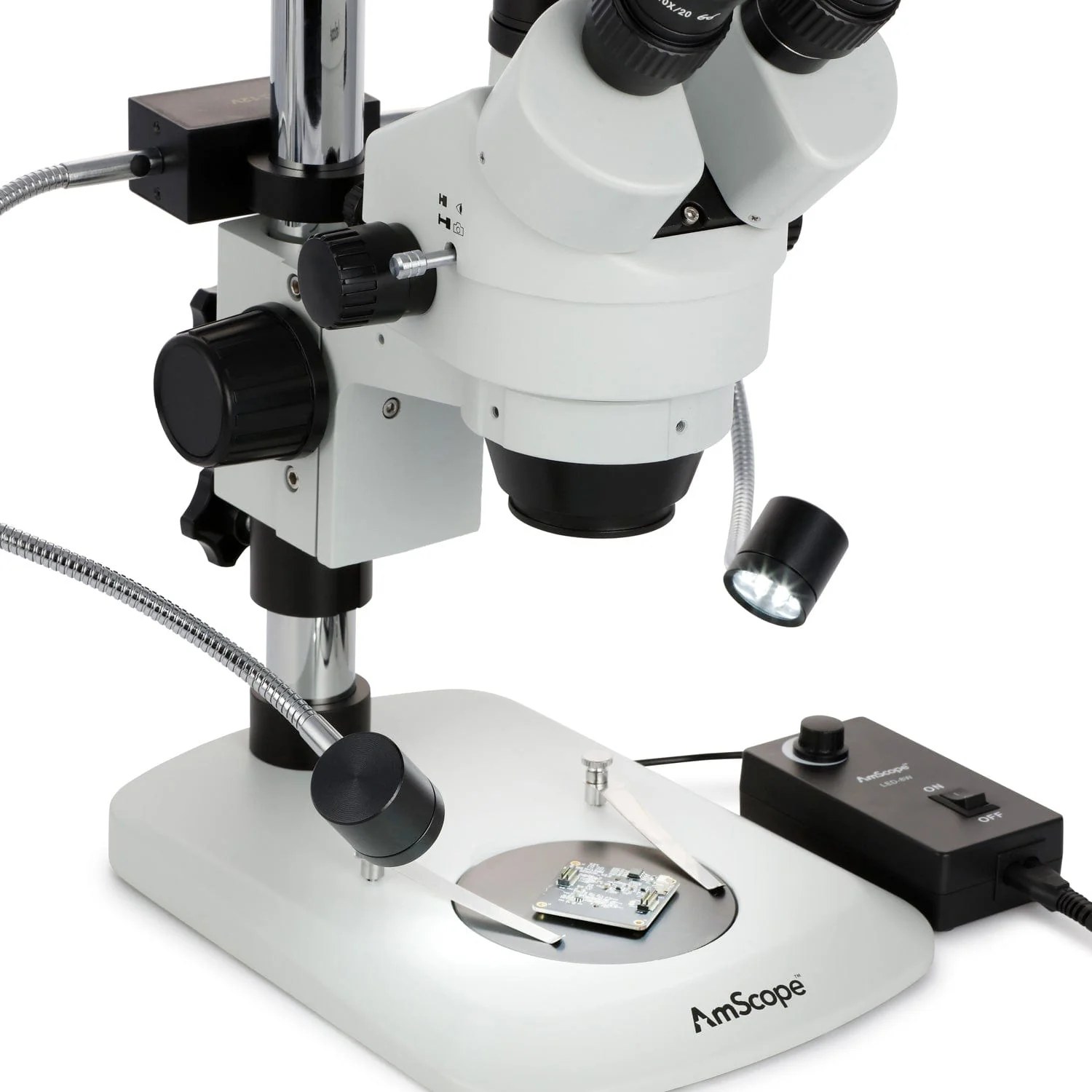 AmScope SM-1 Series Industrial Inspection Zoom Trinocular Stereo Microscope 7X-45X Magnification w/8W LED Dual Gooseneck Illuminator + Optional Digital Camera on Pillar Stand with Small Base - Image 7