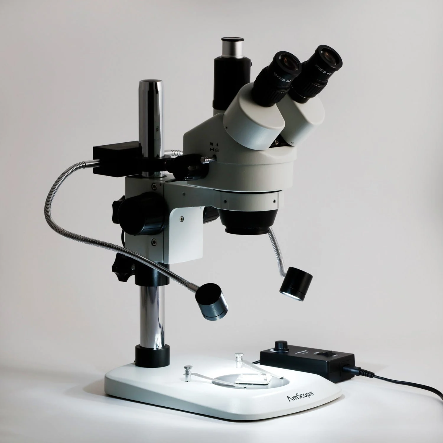 AmScope SM-1 Series Industrial Inspection Zoom Trinocular Stereo Microscope 7X-45X Magnification w/8W LED Dual Gooseneck Illuminator + Optional Digital Camera on Pillar Stand with Small Base - Image 8
