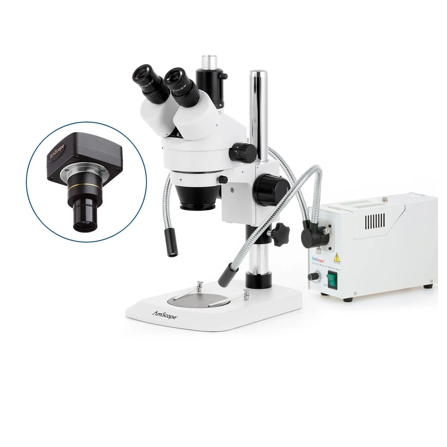 AmScope SM-1 Industrial Inspection Zoom Trinocular Stereo Microscope with 150W Halogen Dual Fiber Gooseneck Lights and Optional Digital Camera on Pillar Stand with Small Base - Image 2