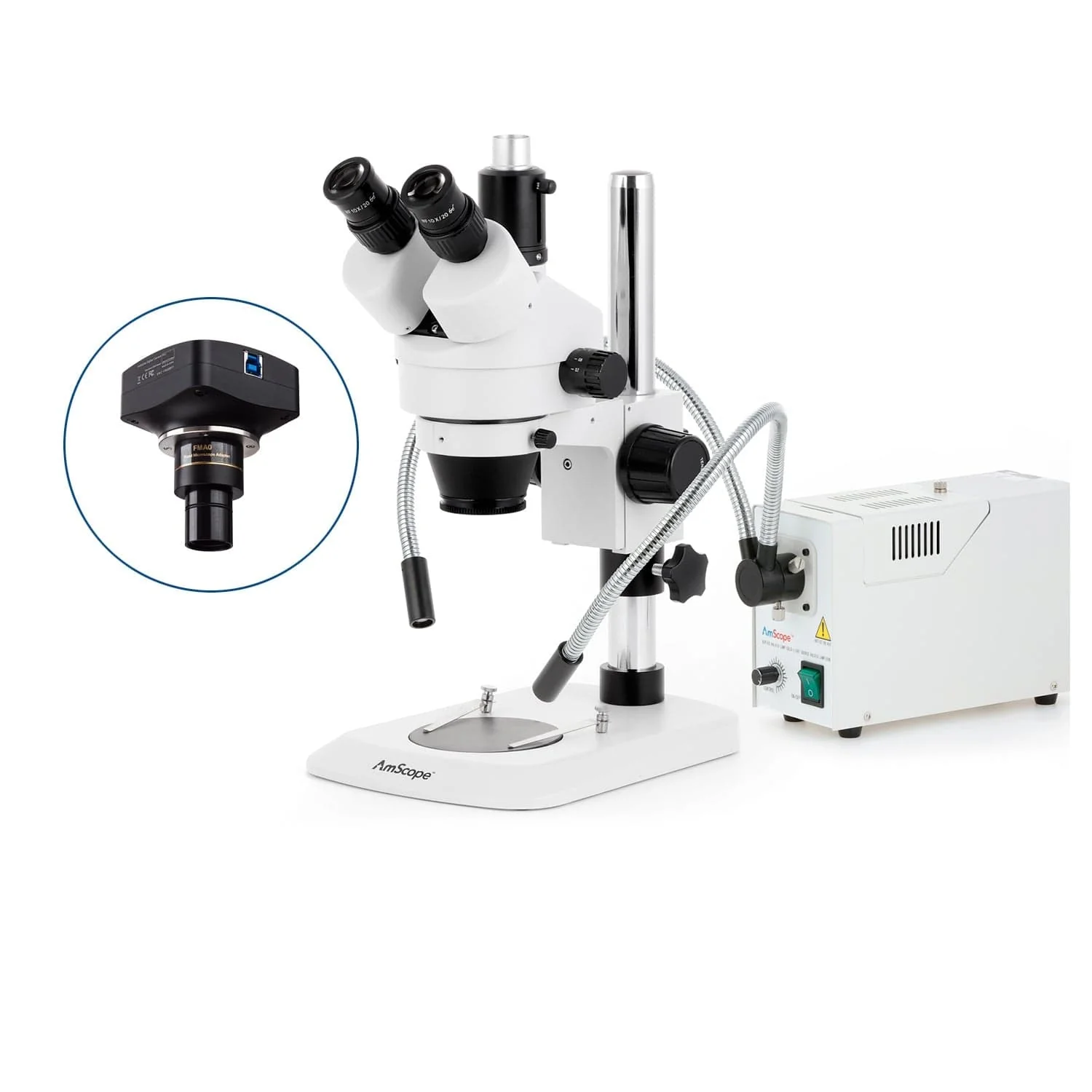 AmScope SM-1 Industrial Inspection Zoom Trinocular Stereo Microscope with 150W Halogen Dual Fiber Gooseneck Lights and Optional Digital Camera on Pillar Stand with Small Base - Image 4