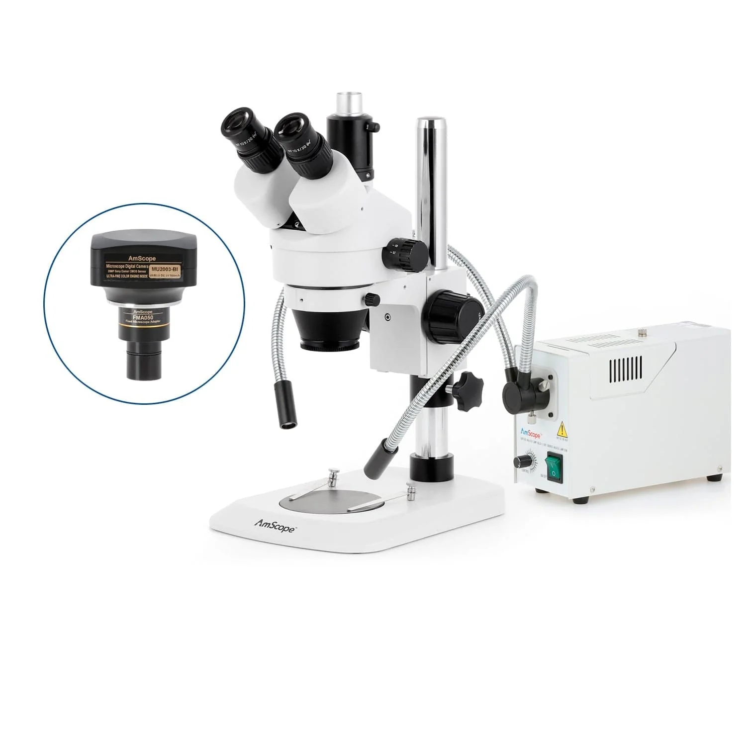 AmScope SM-1 Industrial Inspection Zoom Trinocular Stereo Microscope with 150W Halogen Dual Fiber Gooseneck Lights and Optional Digital Camera on Pillar Stand with Small Base - Image 6