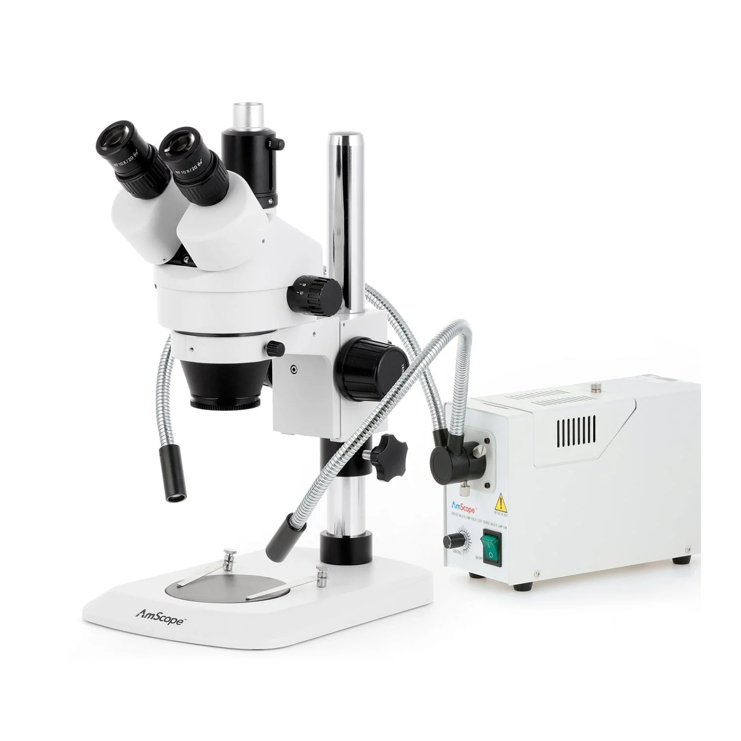 AmScope SM-1 Series Industrial Inspection Zoom Trinocular Stereo Microscope with 150W Halogen Dual Fiber Gooseneck Lights and HDMI Camera on Pillar Stand with Small Base - Image 2