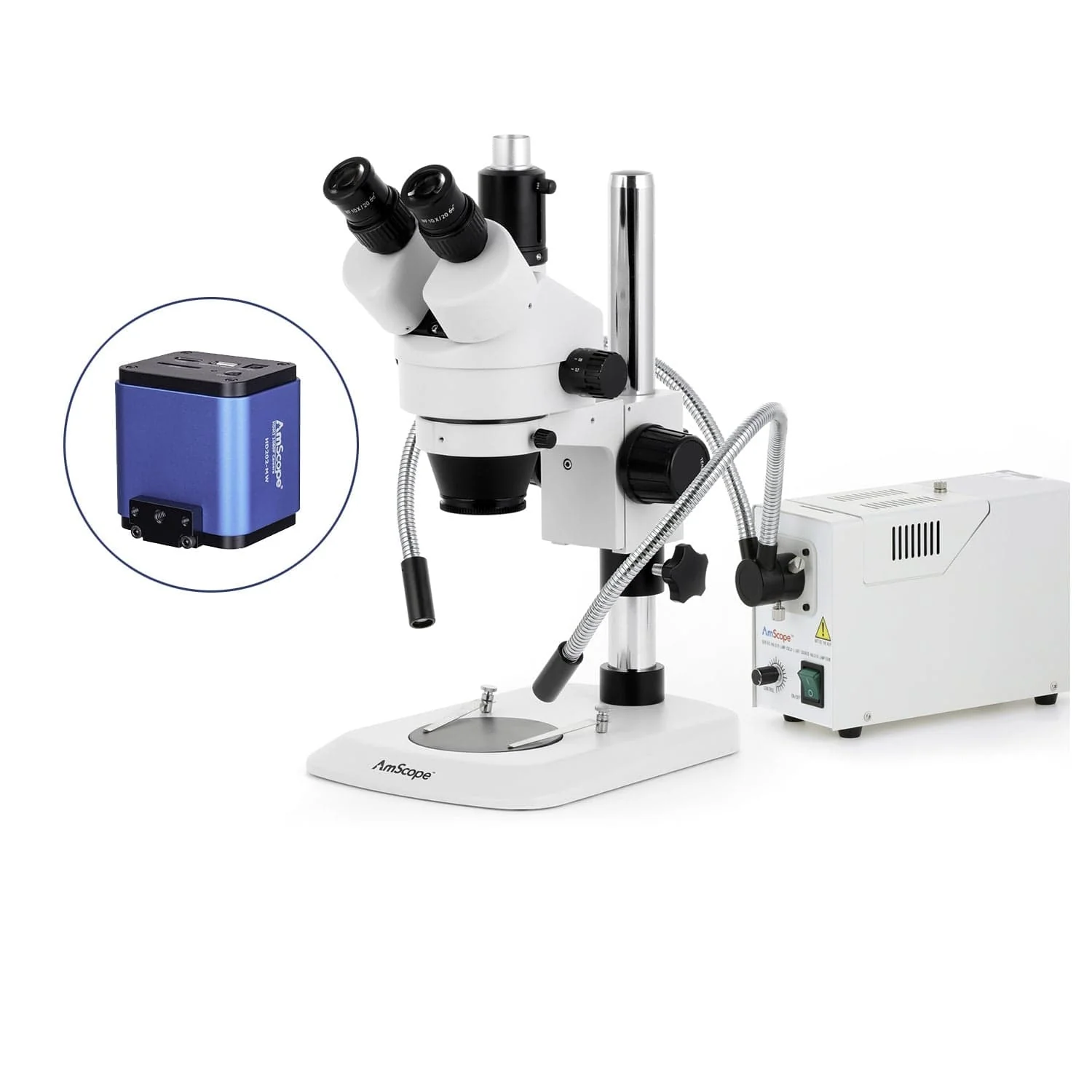 AmScope SM-1 Series Industrial Inspection Zoom Trinocular Stereo Microscope with 150W Halogen Dual Fiber Gooseneck Lights and HDMI Camera on Pillar Stand with Small Base - Image 5