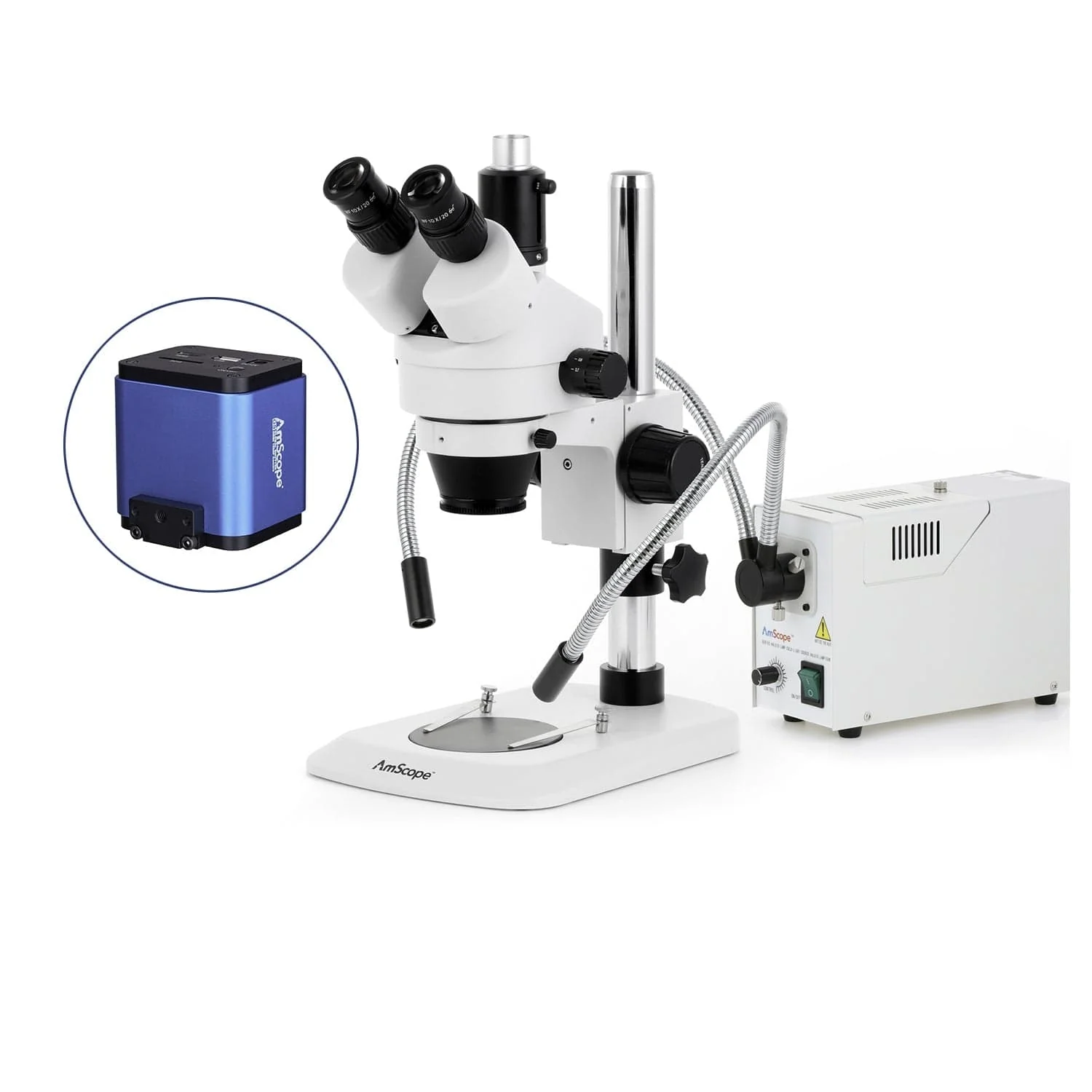 AmScope SM-1 Series Industrial Inspection Zoom Trinocular Stereo Microscope with 150W Halogen Dual Fiber Gooseneck Lights and HDMI Camera on Pillar Stand with Small Base - Image 9