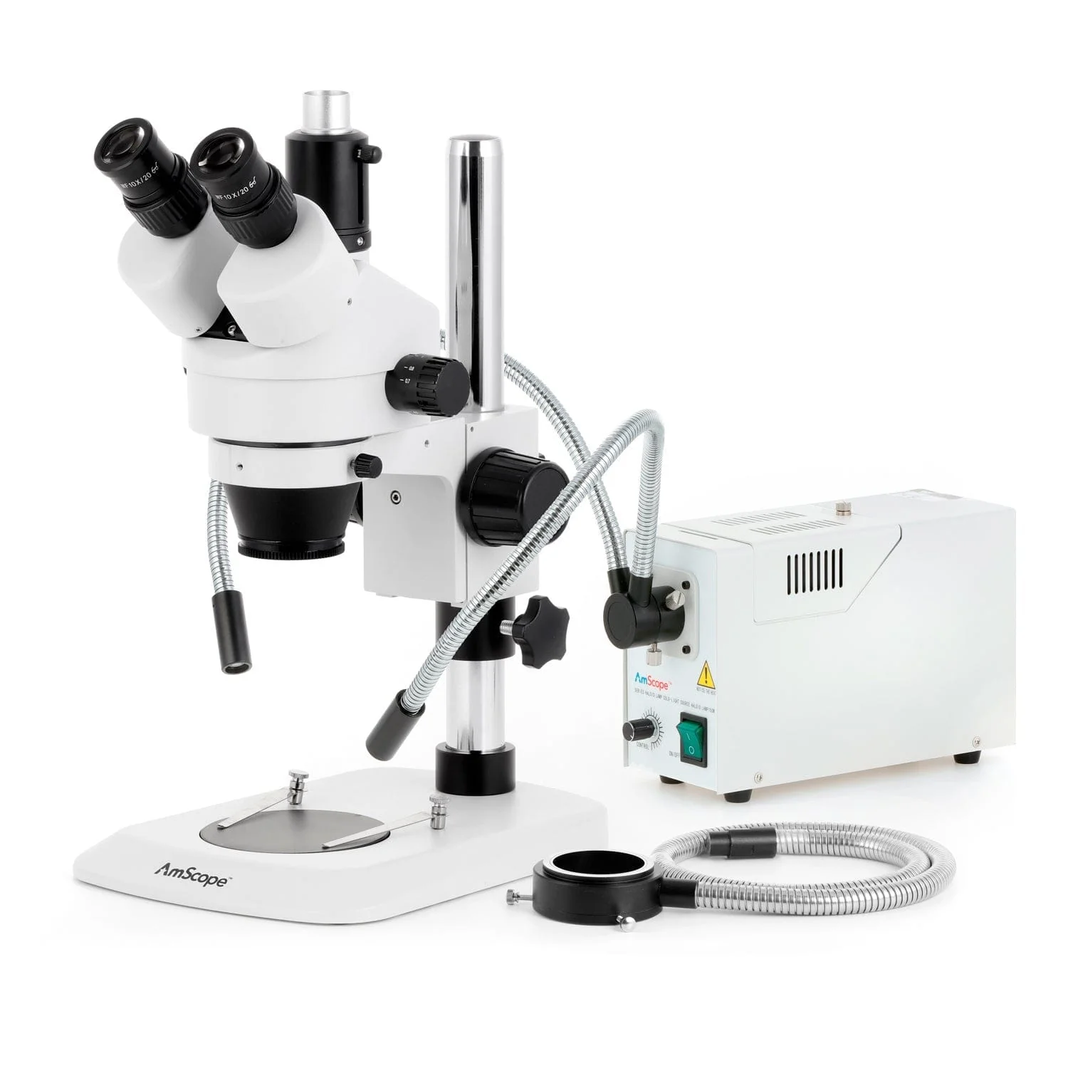 AmScope SM-1 Series Industrial Inspection Zoom Trinocular Stereo Microscope with 150W Halogen Dual Gooseneck & Ring Lights and Optional Digital Camera on Pillar Stand with Small Base