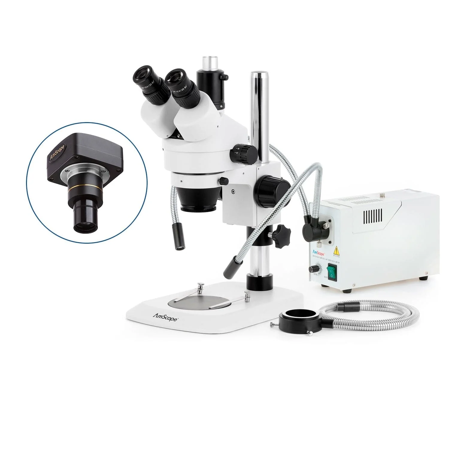 AmScope SM-1 Series Industrial Inspection Zoom Trinocular Stereo Microscope with 150W Halogen Dual Gooseneck & Ring Lights and Optional Digital Camera on Pillar Stand with Small Base - Image 2