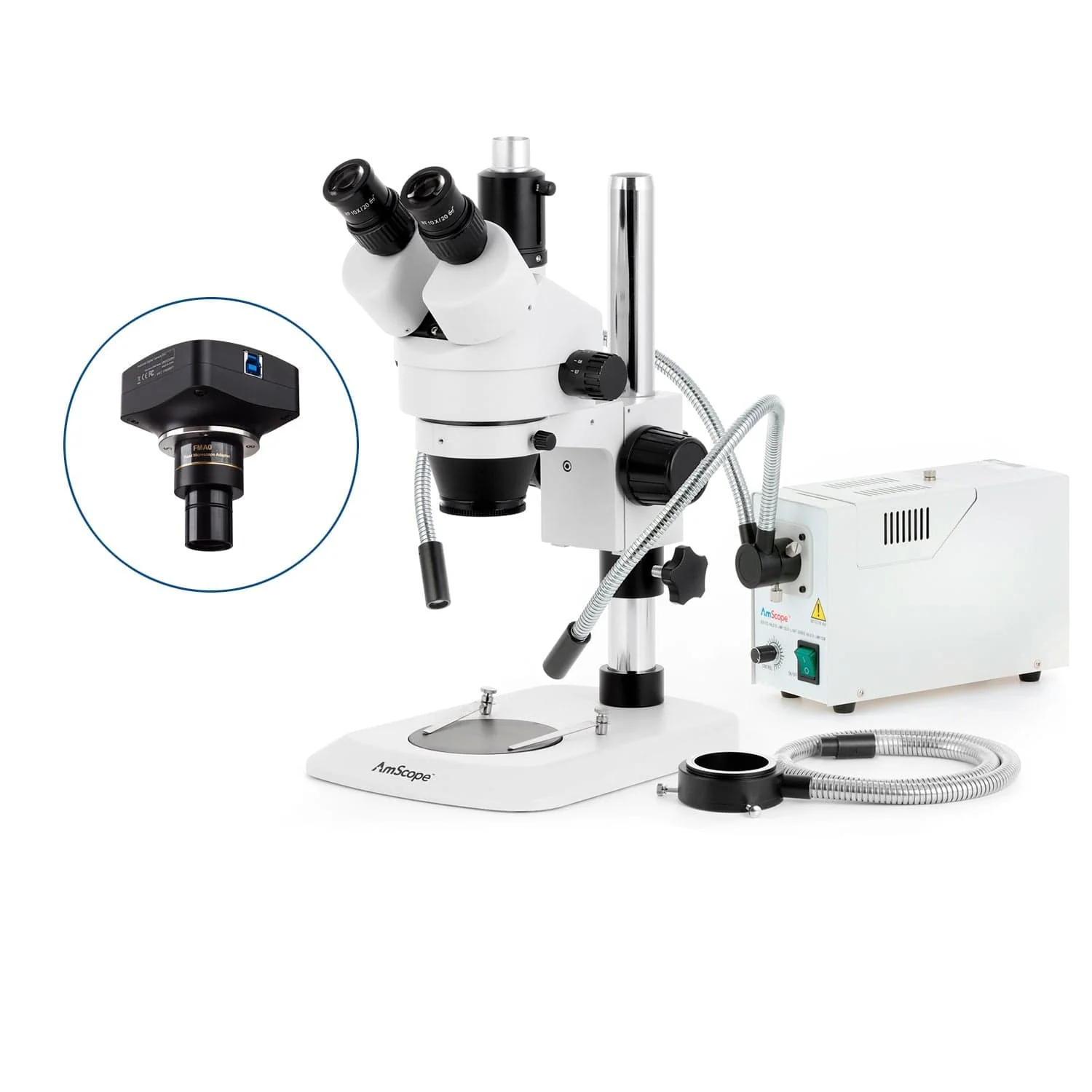 AmScope SM-1 Series Industrial Inspection Zoom Trinocular Stereo Microscope with 150W Halogen Dual Gooseneck & Ring Lights and Optional Digital Camera on Pillar Stand with Small Base - Image 4