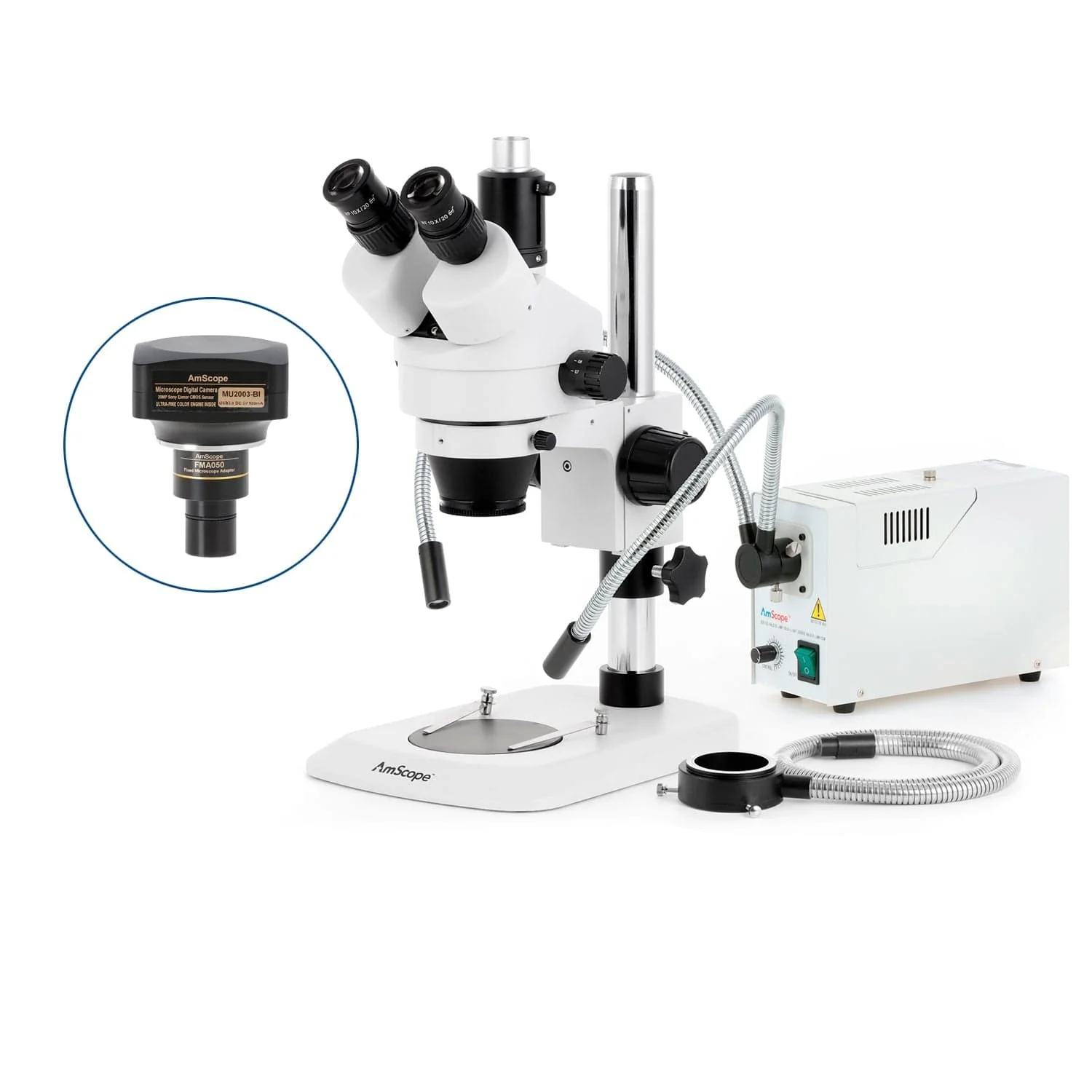 AmScope SM-1 Series Industrial Inspection Zoom Trinocular Stereo Microscope with 150W Halogen Dual Gooseneck & Ring Lights and Optional Digital Camera on Pillar Stand with Small Base - Image 6