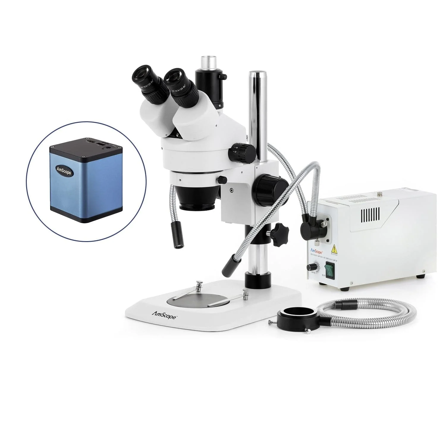 AmScope SM-1 Series Industrial Inspection Zoom Trinocular Stereo Microscope with 150W Halogen Dual Gooseneck & Ring Lights and Auto Focus Camera on Pillar Stand with Small Base - Image 3