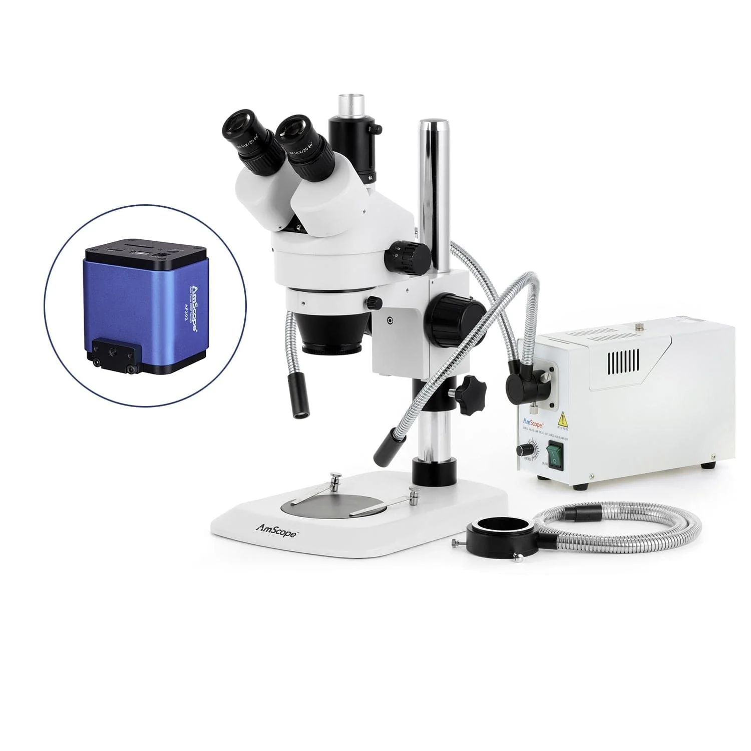 AmScope SM-1 Series Industrial Inspection Zoom Trinocular Stereo Microscope with 150W Halogen Dual Gooseneck & Ring Lights and Auto Focus Camera on Pillar Stand with Small Base - Image 5