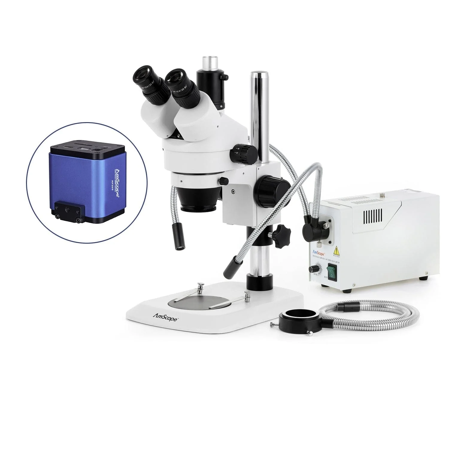 AmScope SM-1 Series Industrial Inspection Zoom Trinocular Stereo Microscope with 150W Halogen Dual Gooseneck & Ring Lights and Auto Focus Camera on Pillar Stand with Small Base - Image 7