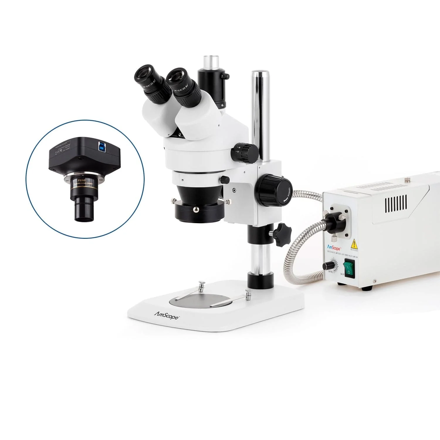AmScope SM-1 Series Industrial Inspection Zoom Trinocular Stereo Microscope with 150W Halogen Ring Light and Optional Digital Camera on Pillar Stand with Small Base - Image 4