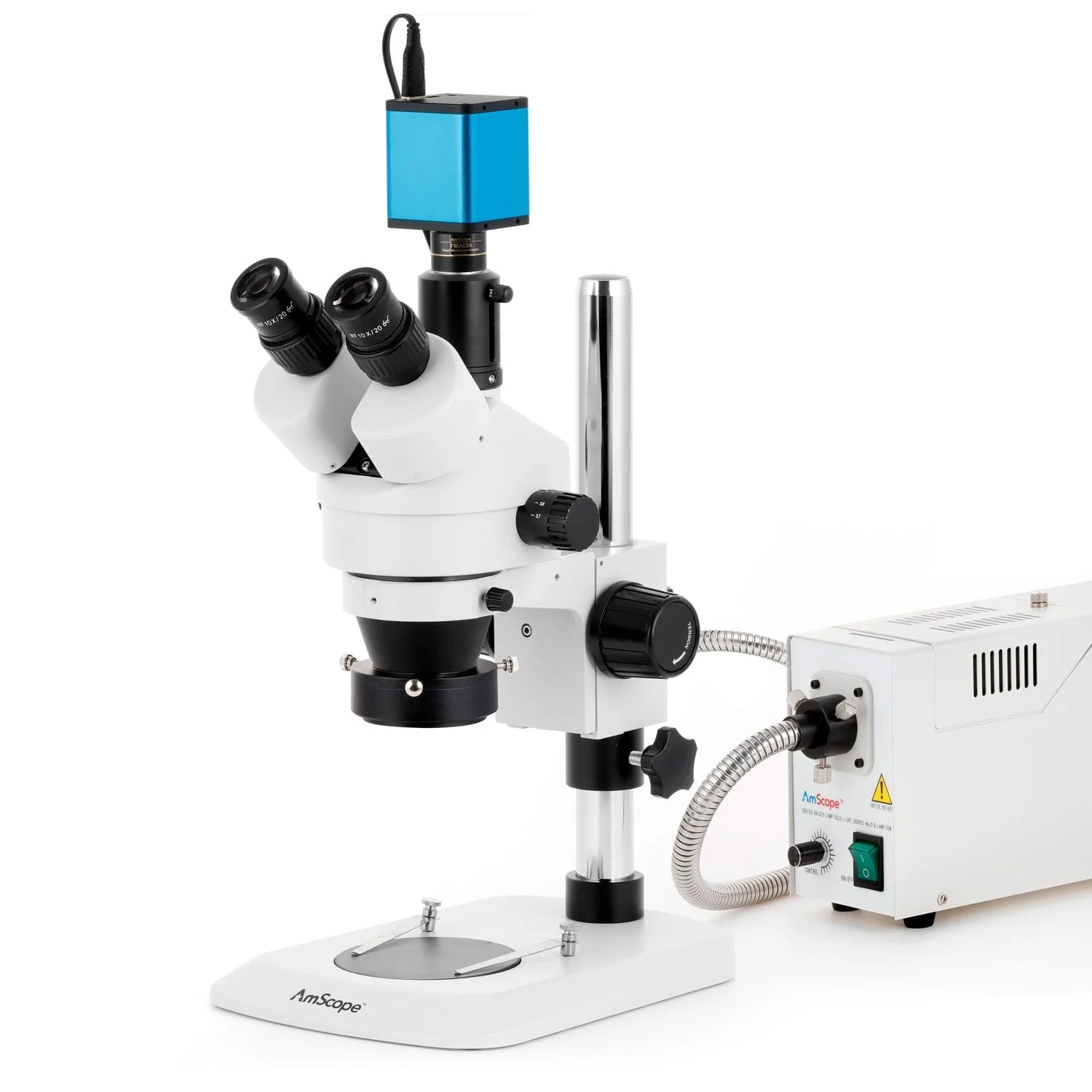 AmScope SM-1 Series Industrial Inspection Zoom Trinocular Stereo Microscope with 150W Halogen Ring Light and Auto Focus Camera on Pillar Stand with Small Base