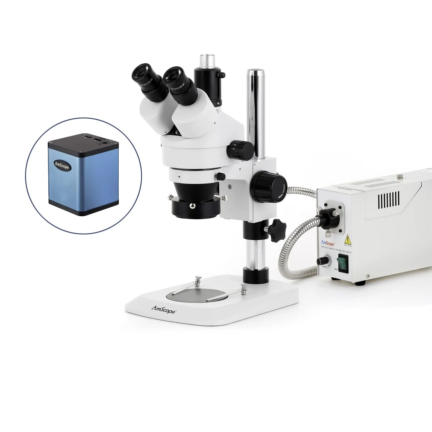 AmScope SM-1 Series Industrial Inspection Zoom Trinocular Stereo Microscope with 150W Halogen Ring Light and Auto Focus Camera on Pillar Stand with Small Base - Image 3