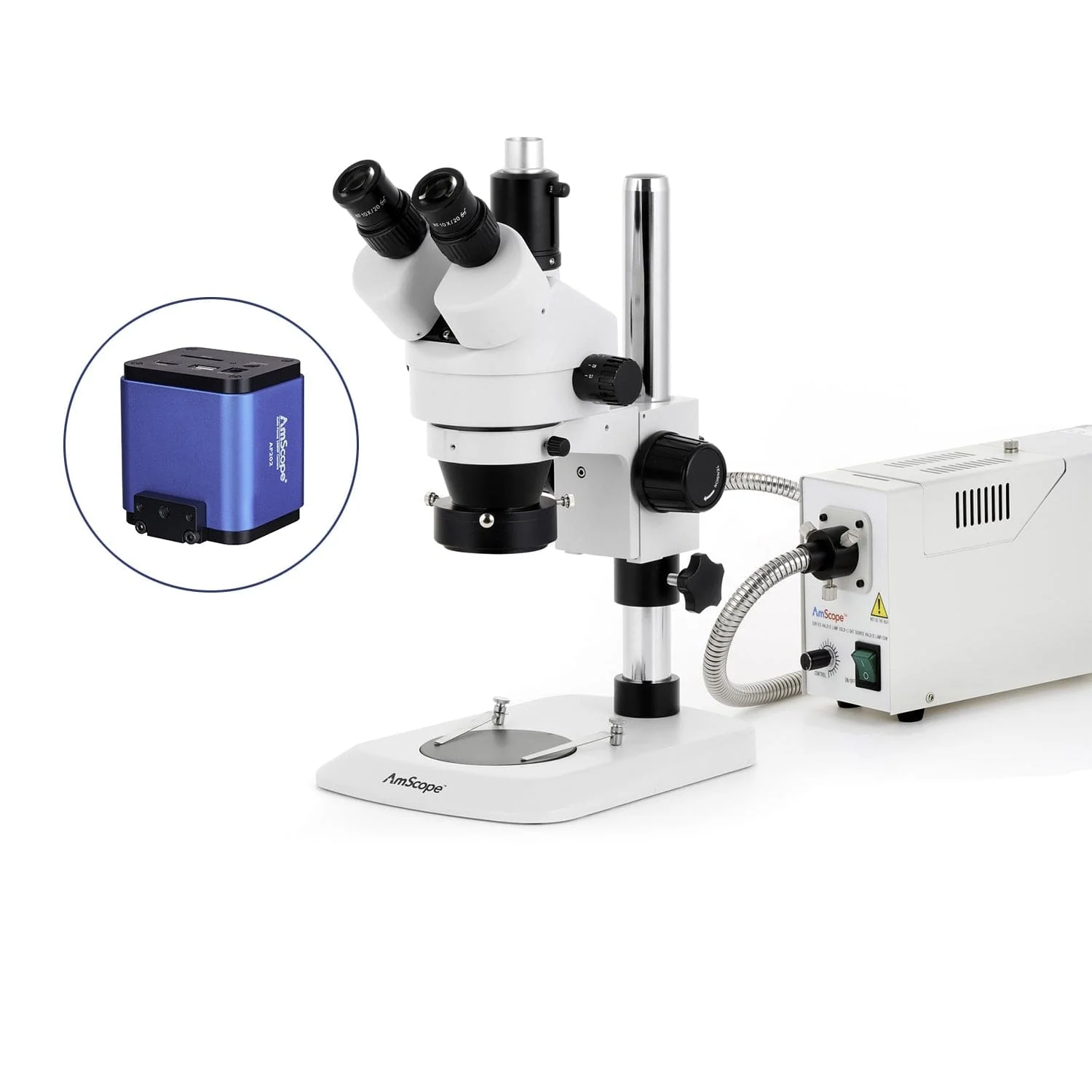 AmScope SM-1 Series Industrial Inspection Zoom Trinocular Stereo Microscope with 150W Halogen Ring Light and Auto Focus Camera on Pillar Stand with Small Base - Image 5