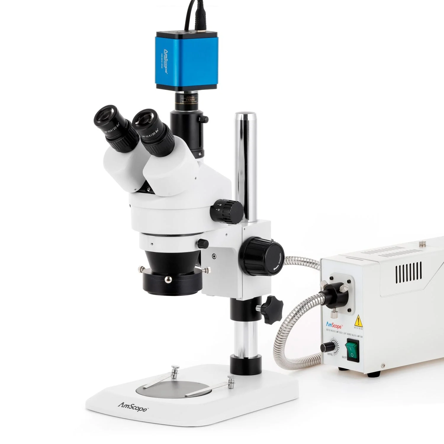 AmScope SM-1 Series Industrial Inspection Zoom Trinocular Stereo Microscope with 150W Halogen Ring Light and HDMI Camera on Pillar Stand with Small Base