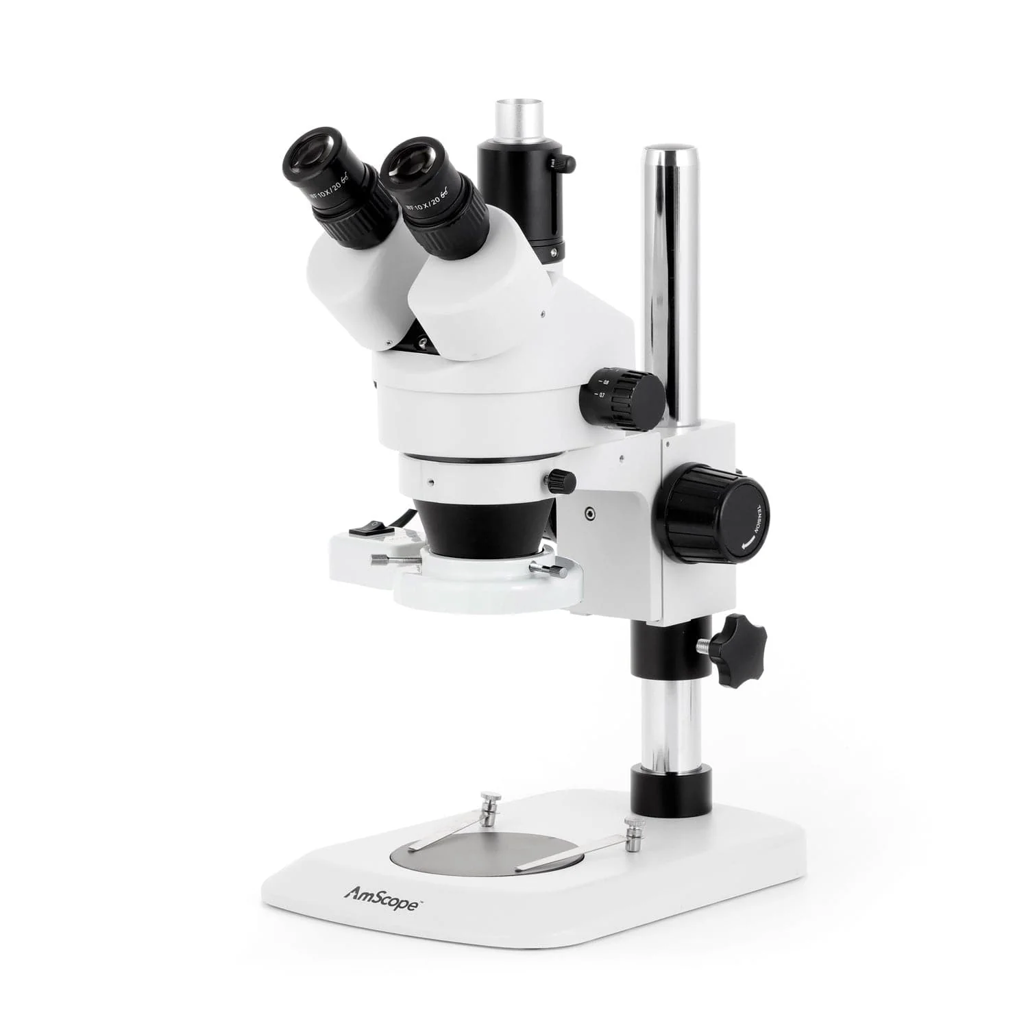 AmScope SM-1 Series Industrial Inspection Zoom Trinocular Stereo Microscope with 8W Fluorescent Ring Light and Optional Digital Camera on Pillar Stand with Small Base