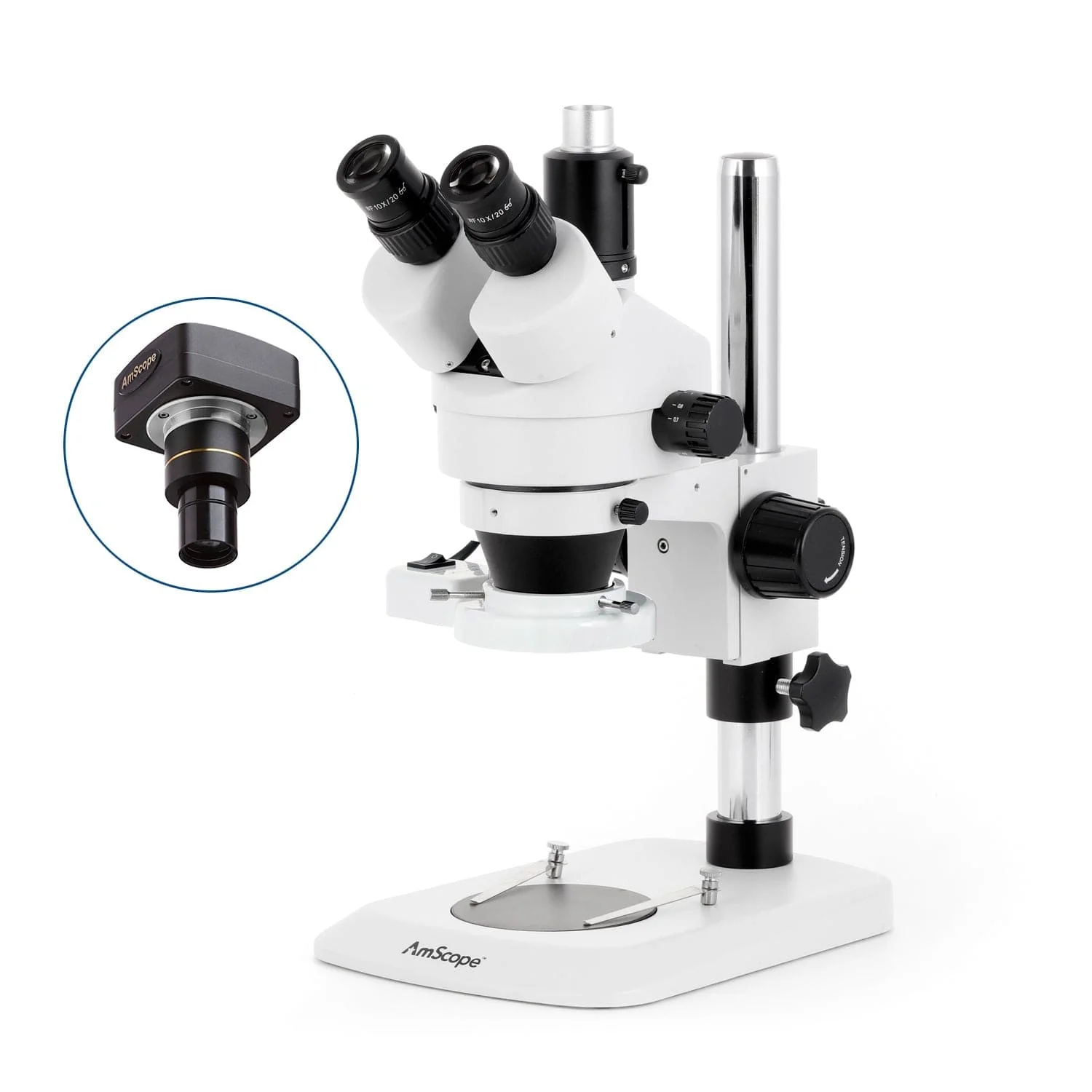 AmScope SM-1 Series Industrial Inspection Zoom Trinocular Stereo Microscope with 8W Fluorescent Ring Light and Optional Digital Camera on Pillar Stand with Small Base - Image 2