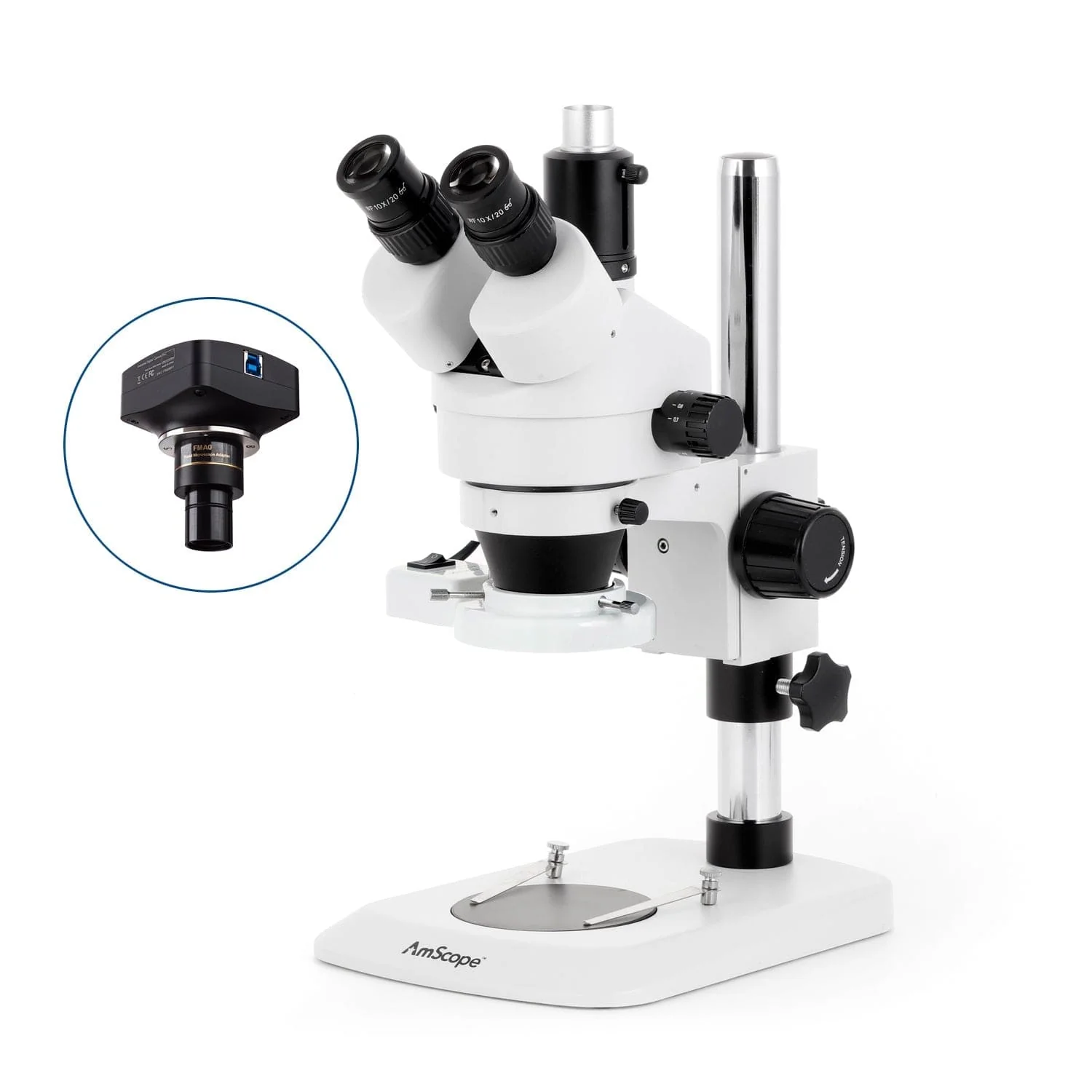 AmScope SM-1 Series Industrial Inspection Zoom Trinocular Stereo Microscope with 8W Fluorescent Ring Light and Optional Digital Camera on Pillar Stand with Small Base - Image 4