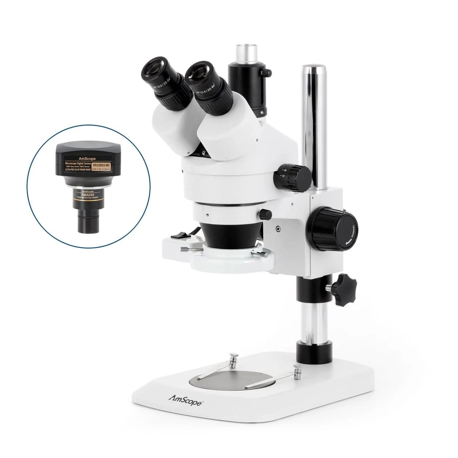 AmScope SM-1 Series Industrial Inspection Zoom Trinocular Stereo Microscope with 8W Fluorescent Ring Light and Optional Digital Camera on Pillar Stand with Small Base - Image 6