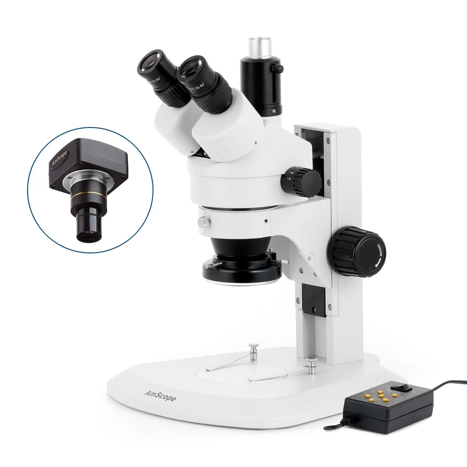 AmScope SM-1 Series Zoom Trinocular Stereo Microscope with Multi-Zone 144 LED and Optional Digital Camera on Track Stand - Image 2
