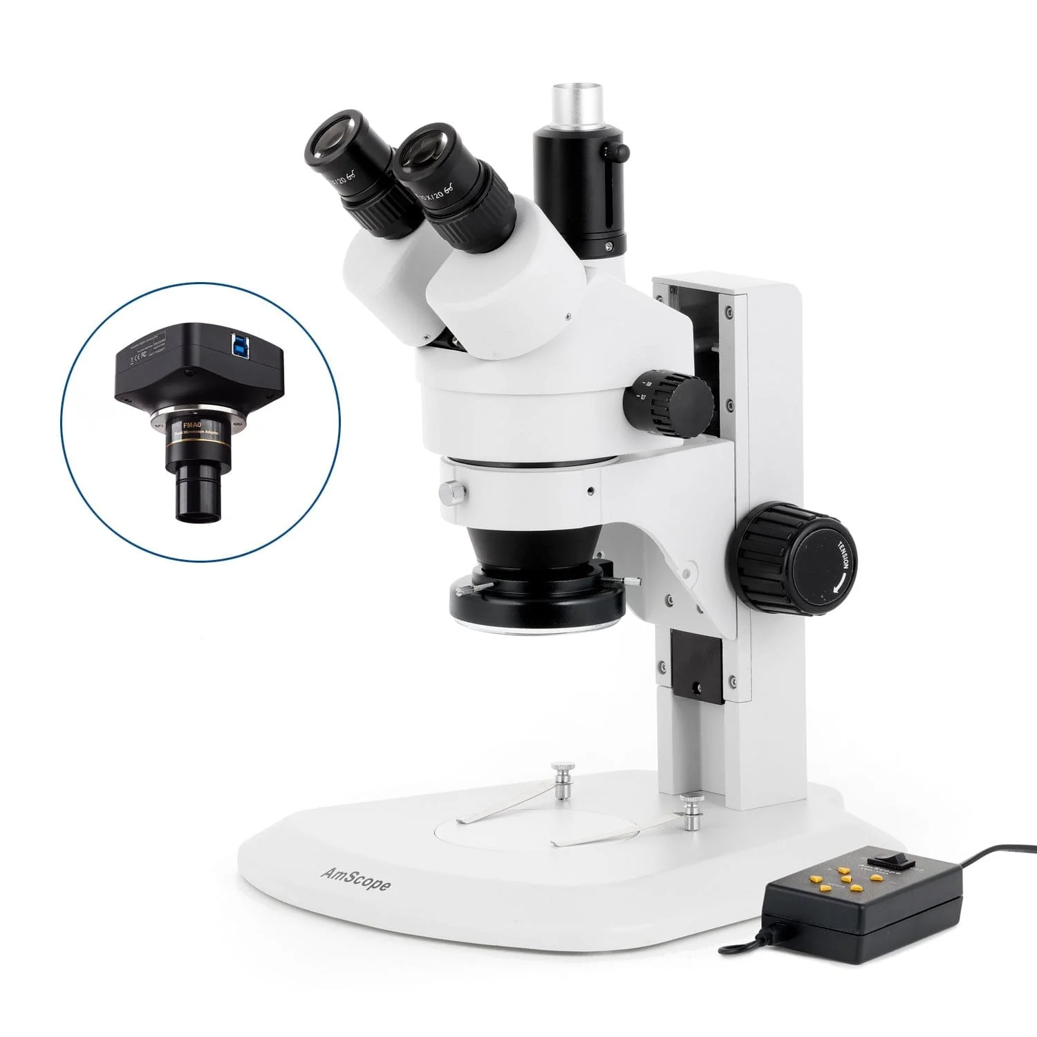 AmScope SM-1 Series Zoom Trinocular Stereo Microscope with Multi-Zone 144 LED and Optional Digital Camera on Track Stand - Image 4