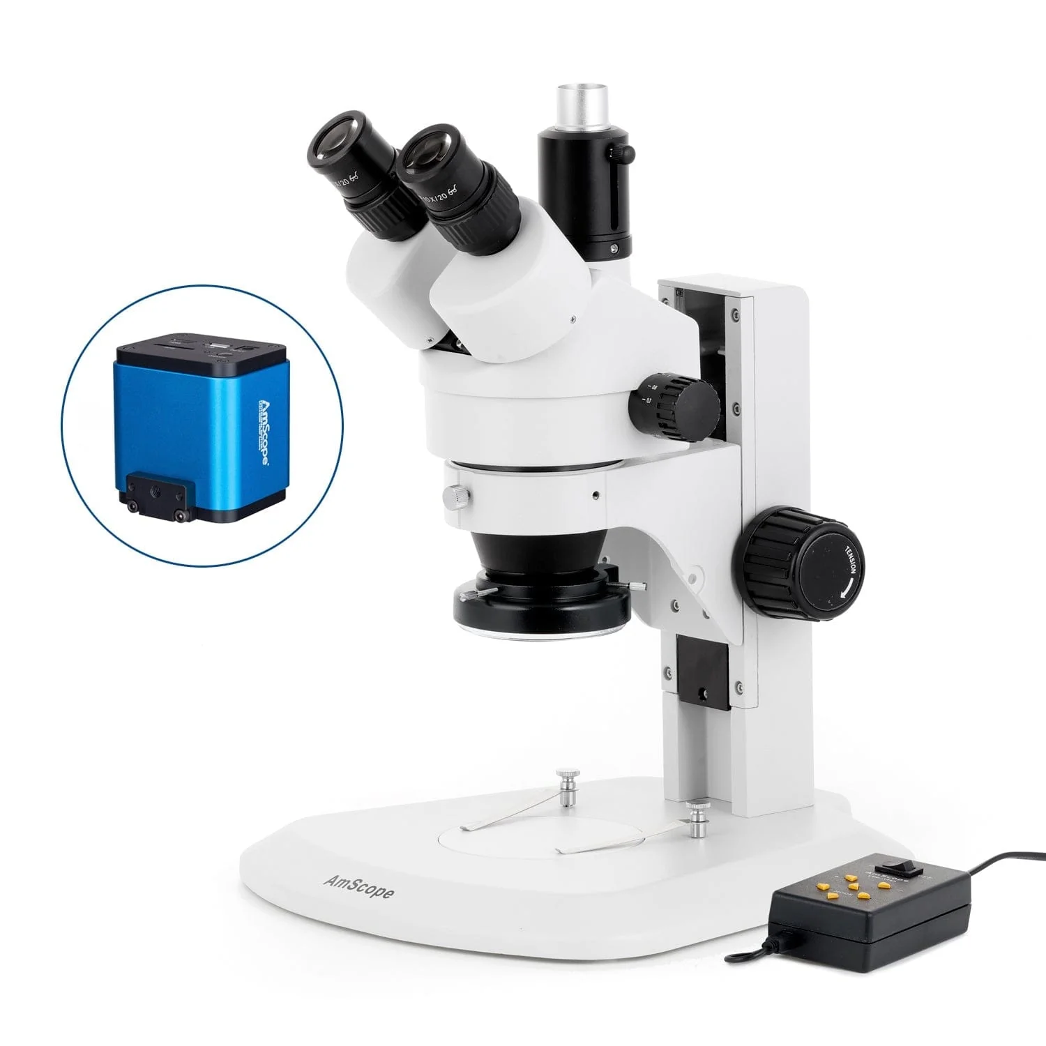 AmScope SM-1 Series Zoom Trinocular Stereo Microscope with Multi-Zone 144 LED and HDMI Camera on Track Stand - Image 9