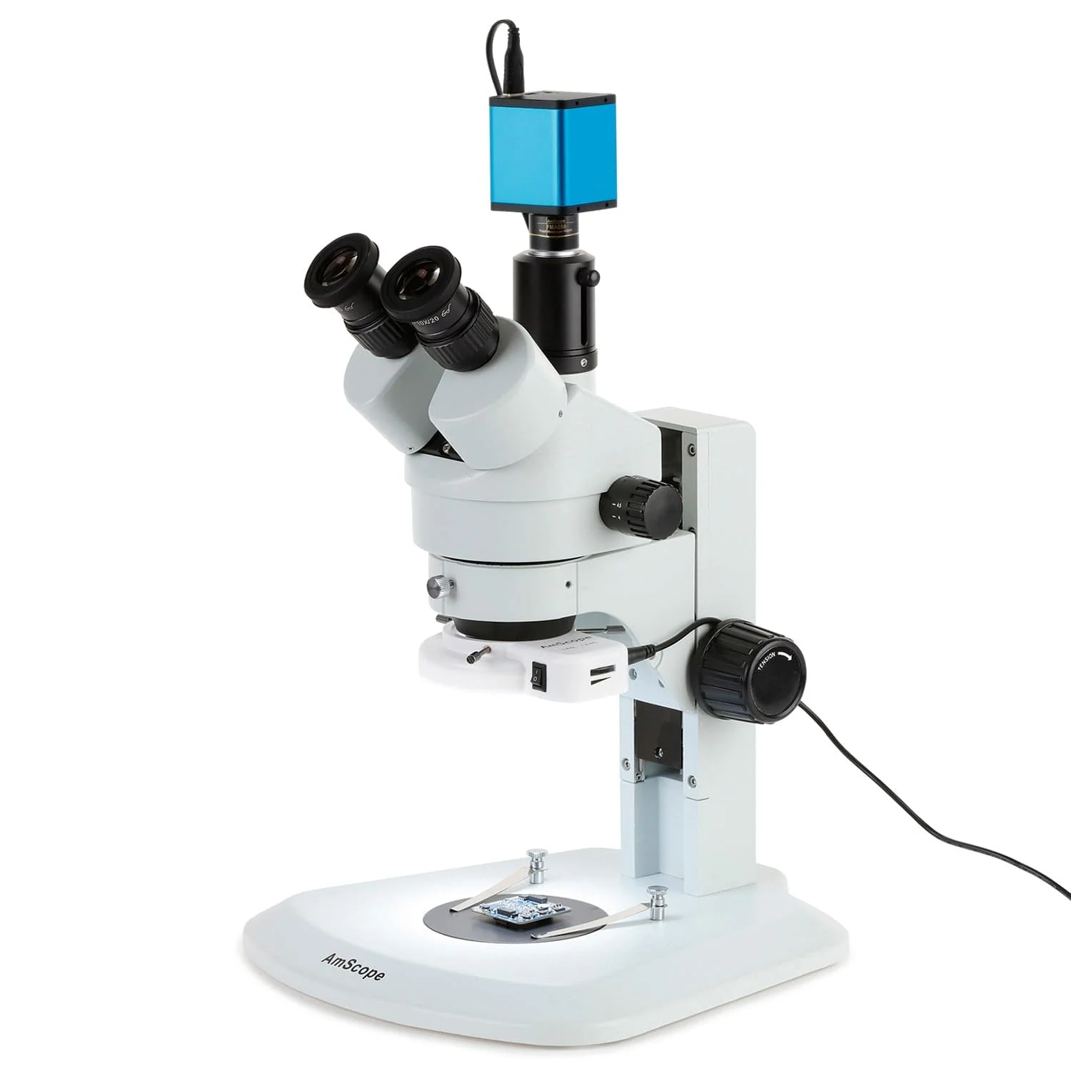 AmScope SM-1 Series Zoom Trinocular Stereo Microscope with 144 LED Compact Ring Light and Auto Focus Camera on Track Stand