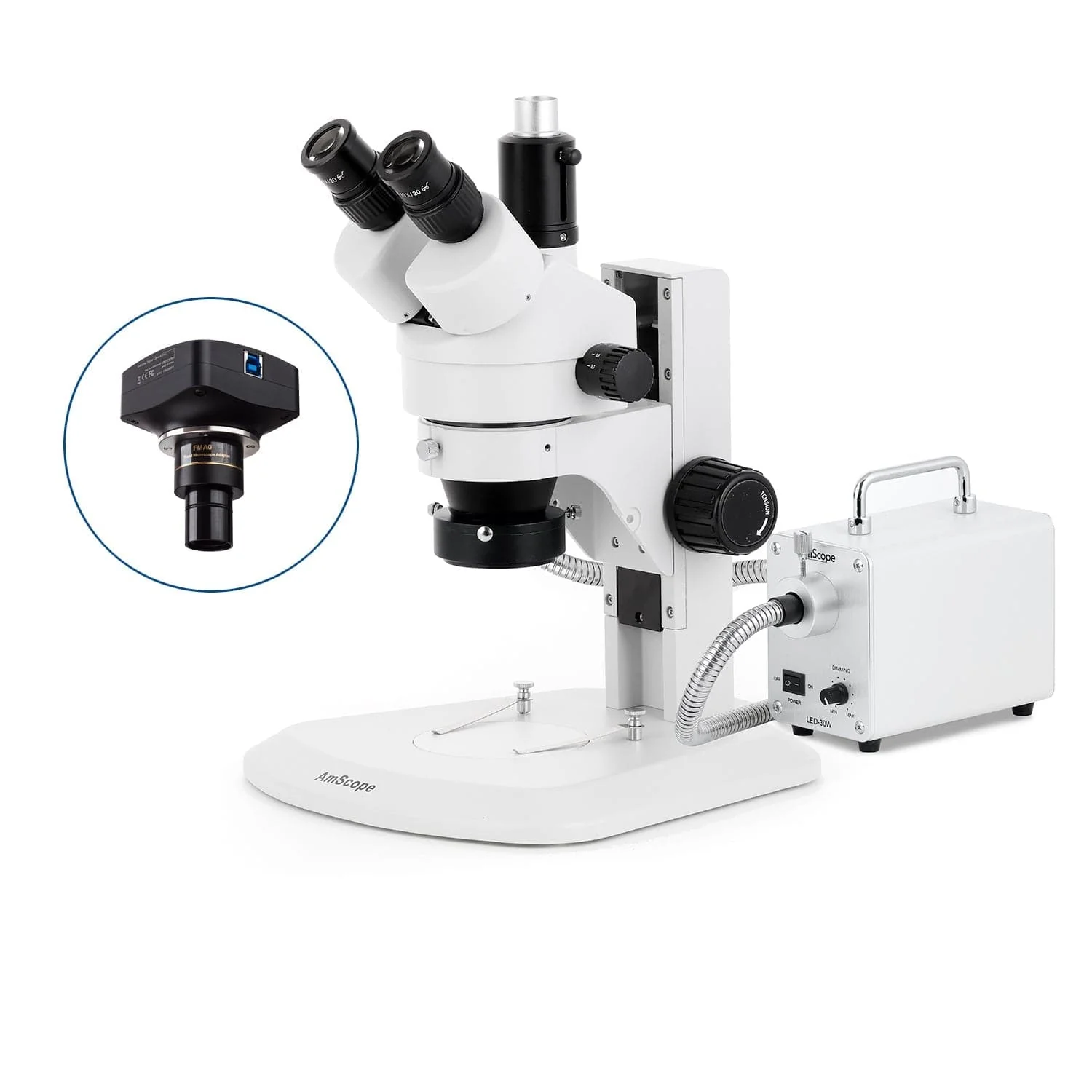 AmScope SM-1 Series Zoom Trinocular Stereo Microscope with 30W LED Fiber Optic Ring Light and Optional Digital Camera on Track Stand - Image 4