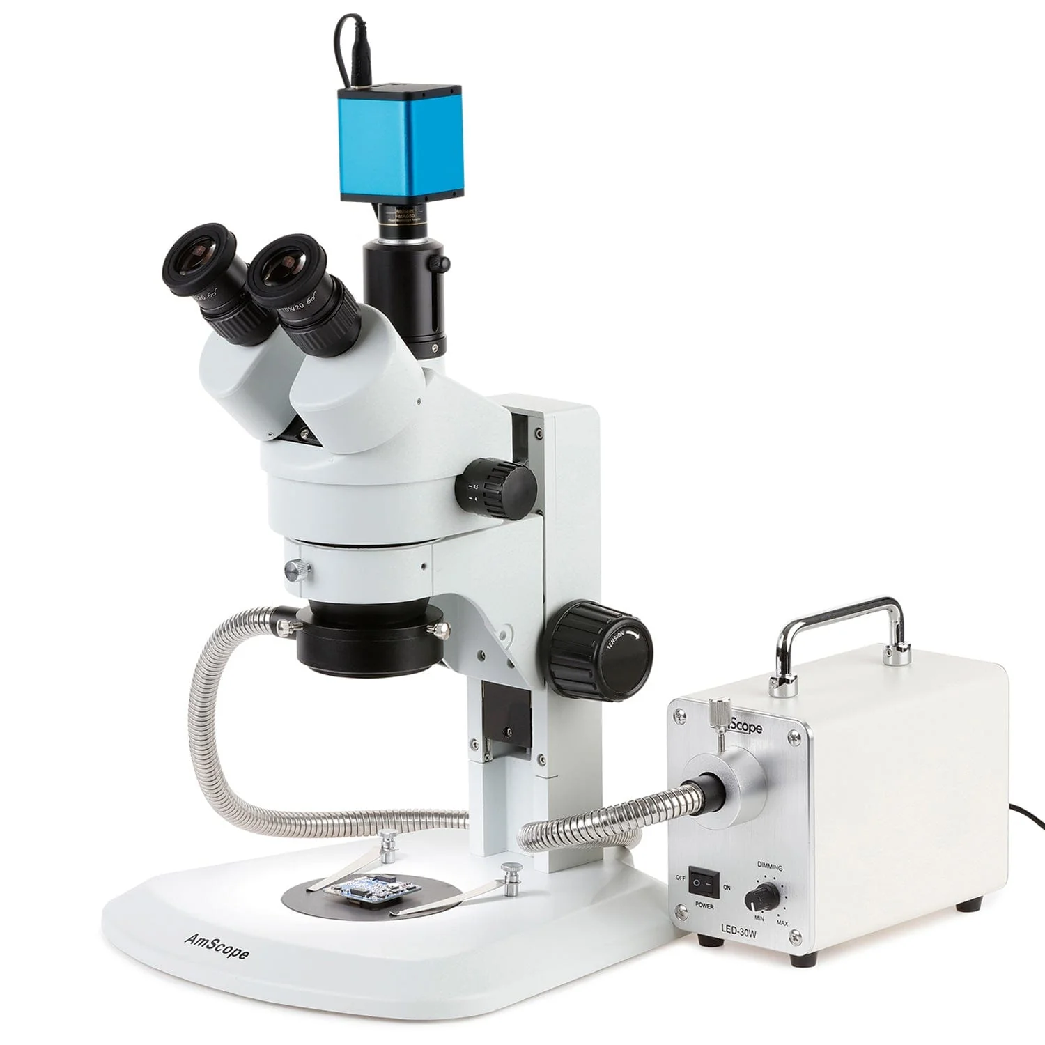 AmScope SM-1 Series Zoom Trinocular Stereo Microscope with 30W LED Fiber Optic Ring Light and Auto Focus Camera on Track Stand