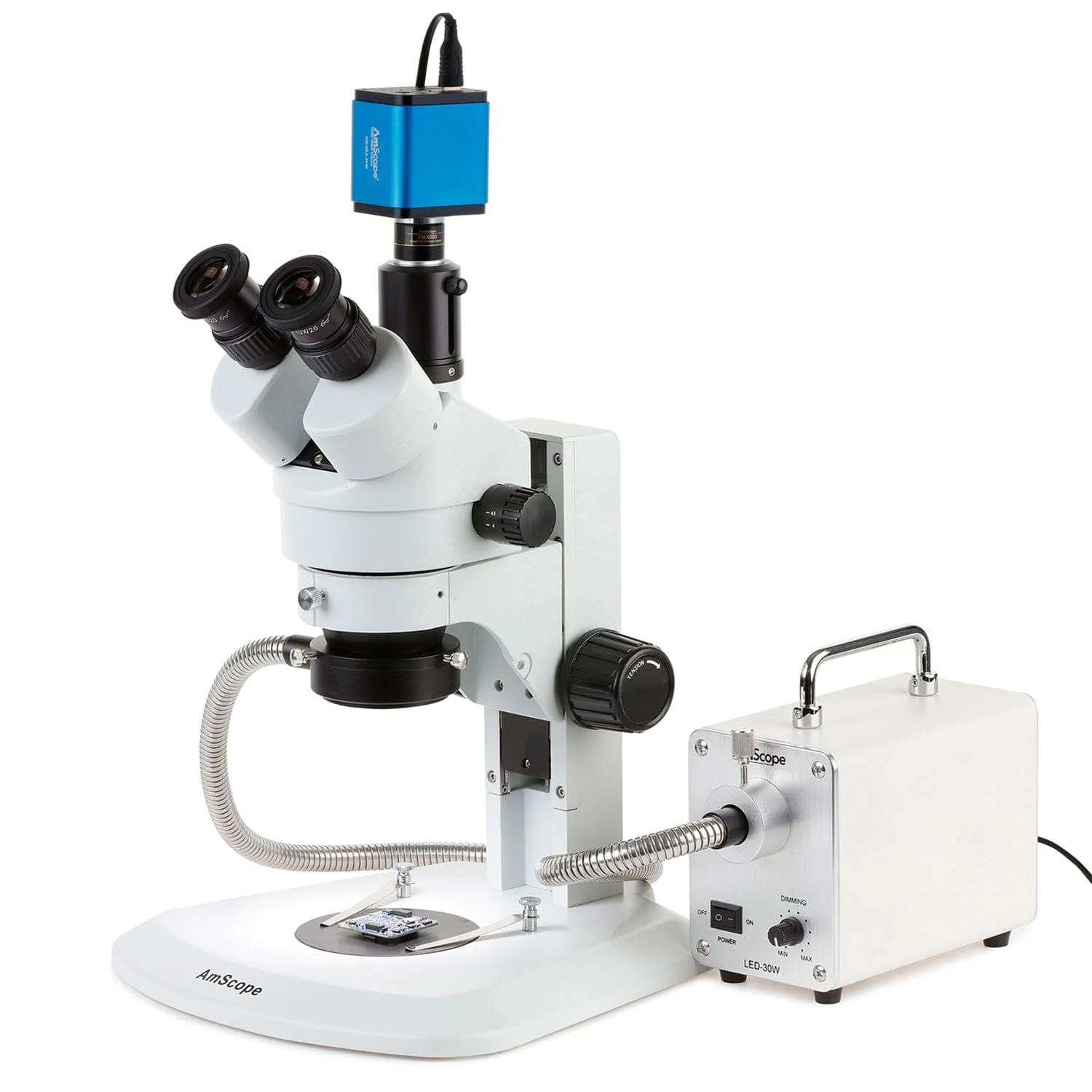 AmScope SM-1 Series Zoom Trinocular Stereo Microscope with 30W LED Fiber Optic Ring Light and HDMI Camera on Track Stand
