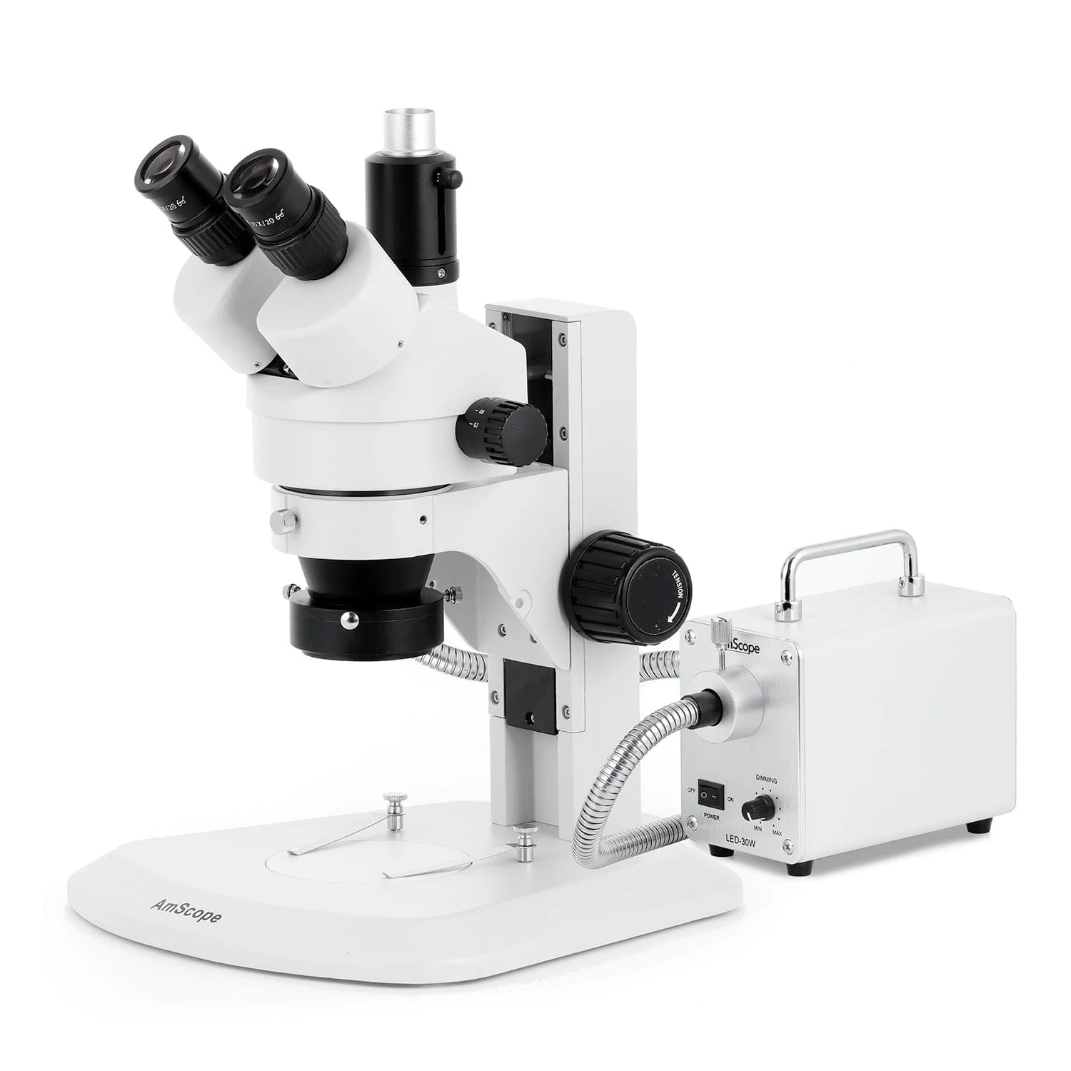 AmScope SM-1 Series Zoom Trinocular Stereo Microscope with 30W LED Fiber Optic Ring Light and HDMI Camera on Track Stand - Image 2