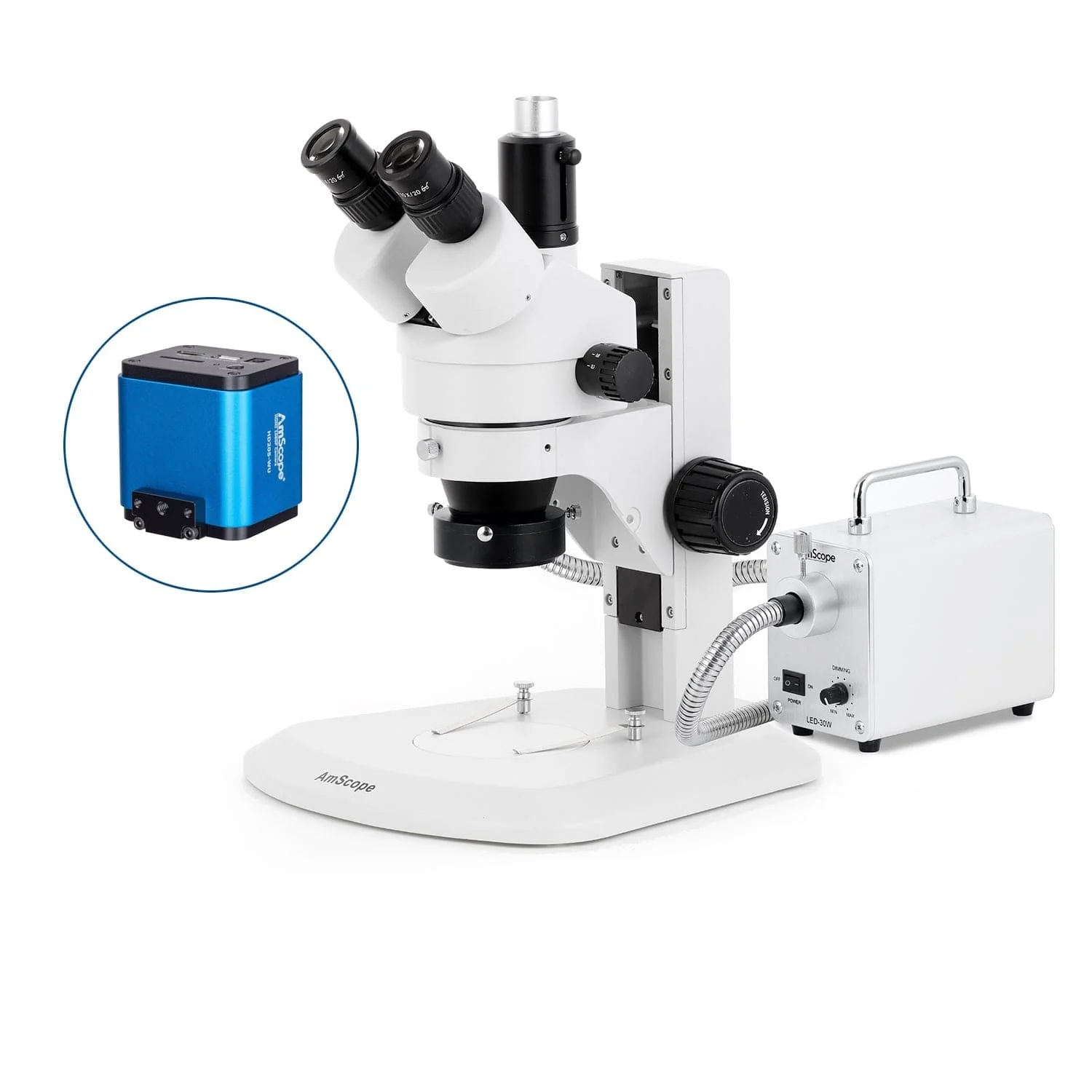 AmScope SM-1 Series Zoom Trinocular Stereo Microscope with 30W LED Fiber Optic Ring Light and HDMI Camera on Track Stand - Image 7
