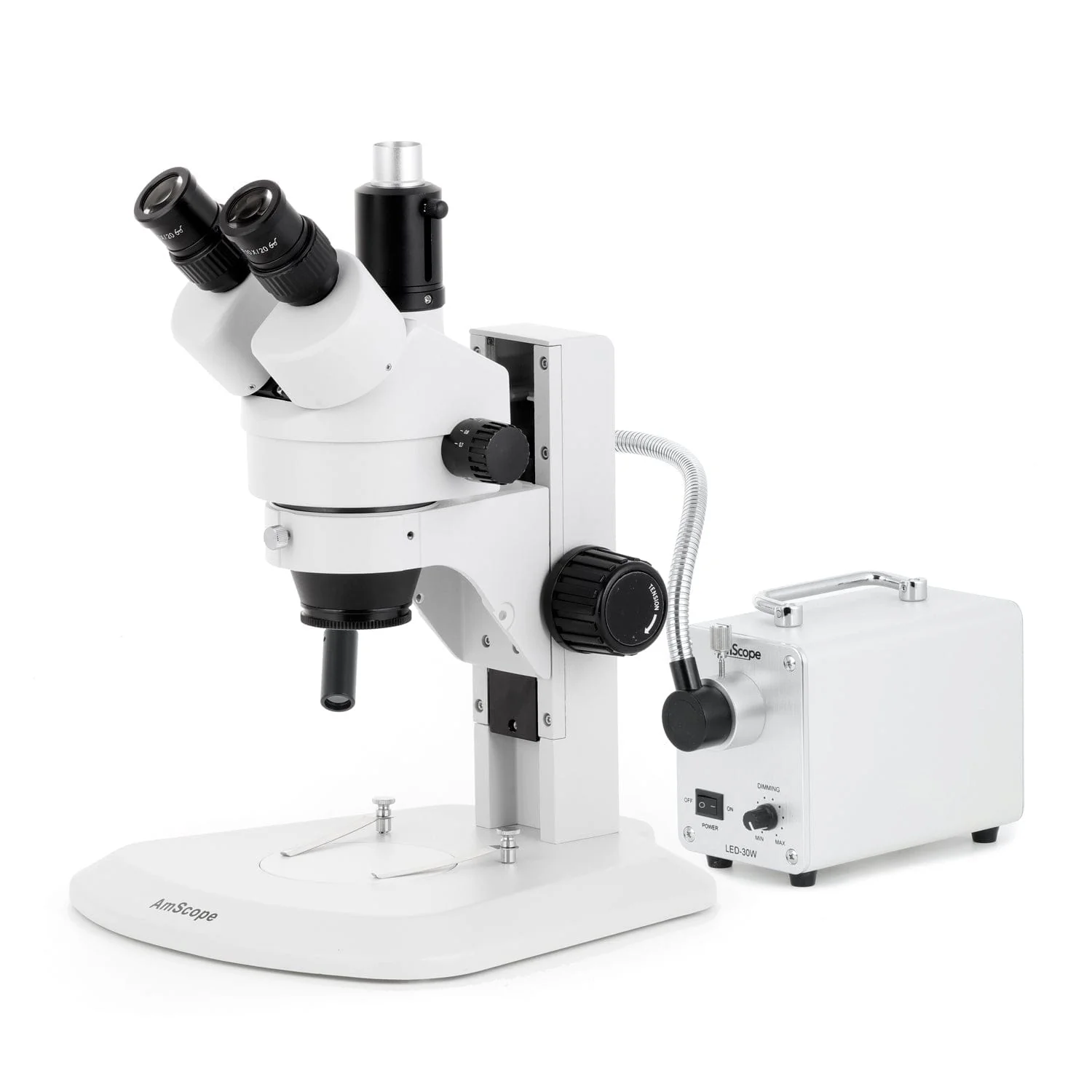 AmScope SM-1 Series Zoom Trinocular Stereo Microscope with 30W LED Single Fiber Optic Gooseneck Light and Optional Digital Camera on Track Stand