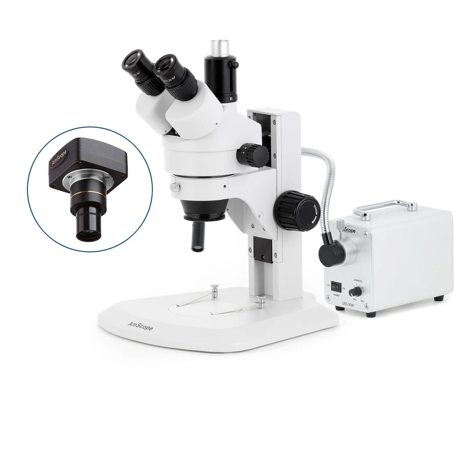 AmScope SM-1 Series Zoom Trinocular Stereo Microscope with 30W LED Single Fiber Optic Gooseneck Light and Optional Digital Camera on Track Stand - Image 2