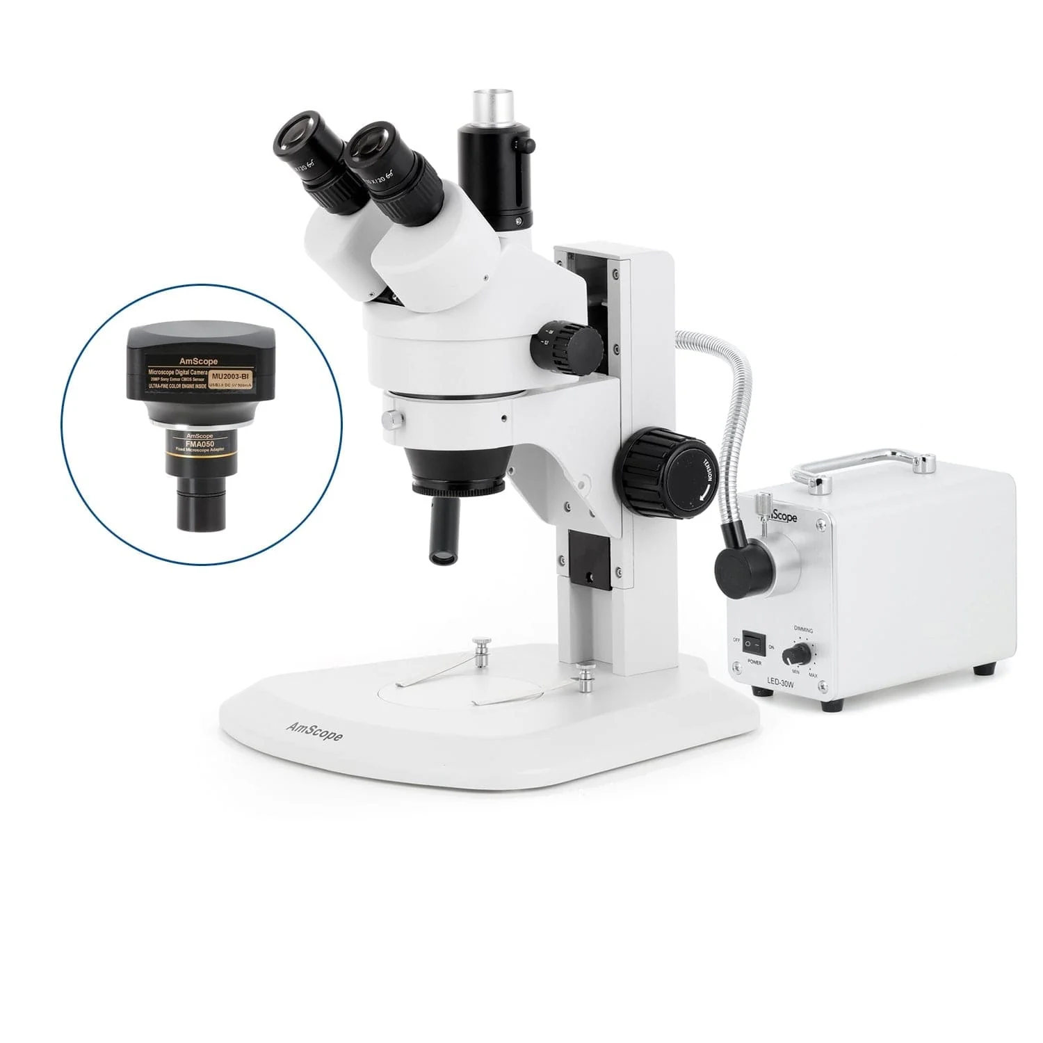 AmScope SM-1 Series Zoom Trinocular Stereo Microscope with 30W LED Single Fiber Optic Gooseneck Light and Optional Digital Camera on Track Stand - Image 6