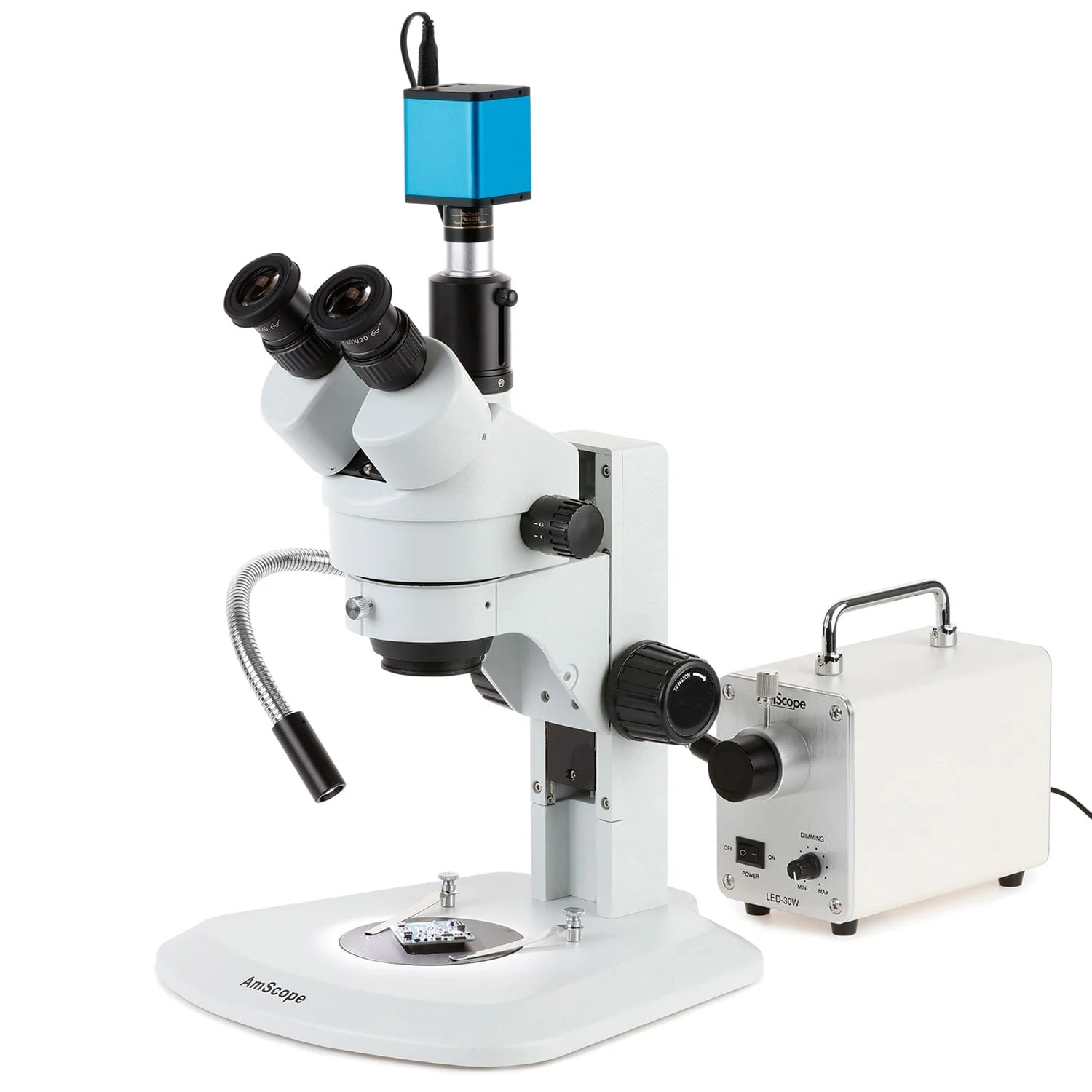AmScope SM-1 Series Zoom Trinocular Stereo Microscope with 30W LED Single Fiber Optic Gooseneck Light and Auto Focus Camera on Track Stand