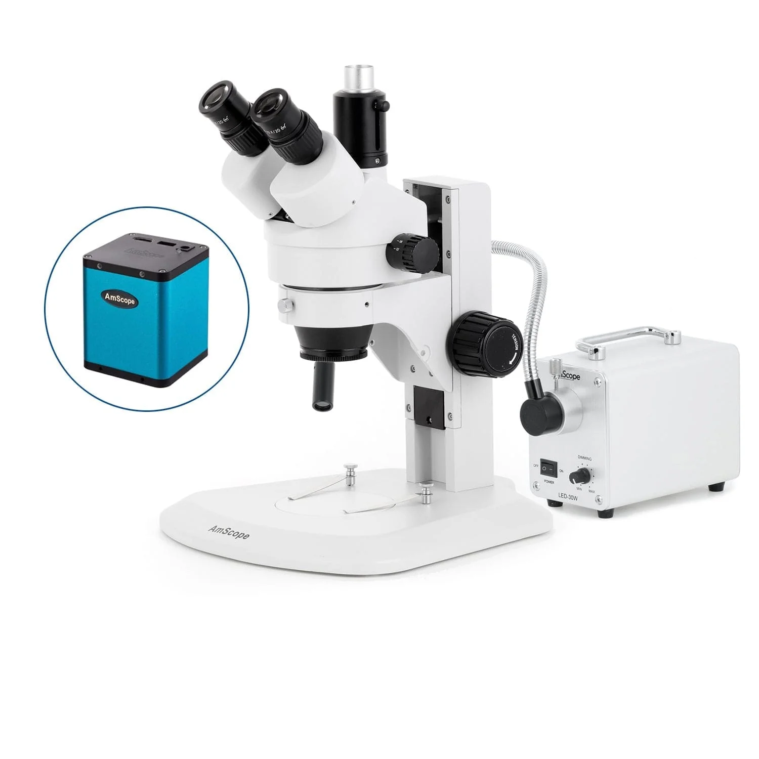 AmScope SM-1 Series Zoom Trinocular Stereo Microscope with 30W LED Single Fiber Optic Gooseneck Light and Auto Focus Camera on Track Stand - Image 3