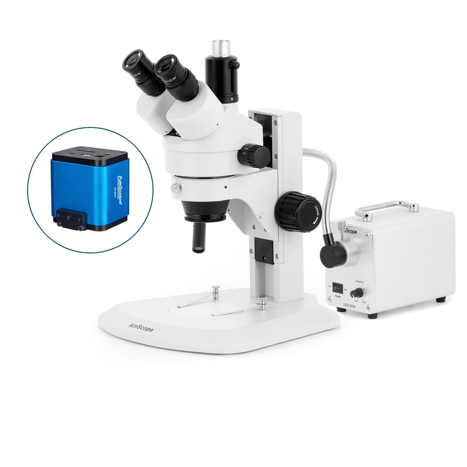 AmScope SM-1 Series Zoom Trinocular Stereo Microscope with 30W LED Single Fiber Optic Gooseneck Light and Auto Focus Camera on Track Stand - Image 5