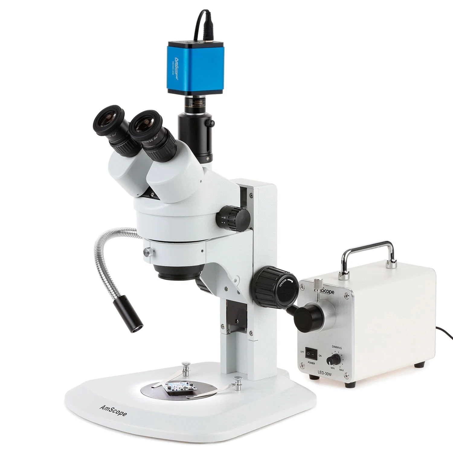 AmScope SM-1 Series Zoom Trinocular Stereo Microscope with 30W LED Single Fiber Optic Gooseneck Light and HDMI Camera on Track Stand