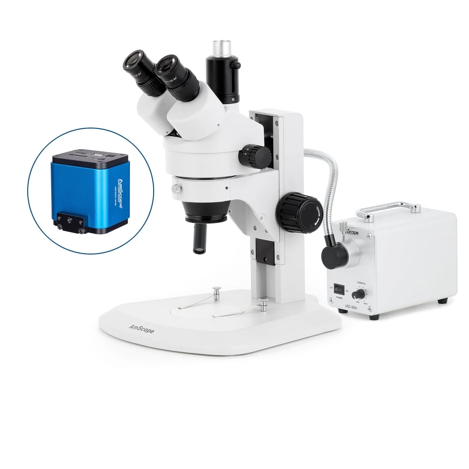 AmScope SM-1 Series Zoom Trinocular Stereo Microscope with 30W LED Single Fiber Optic Gooseneck Light and HDMI Camera on Track Stand - Image 5