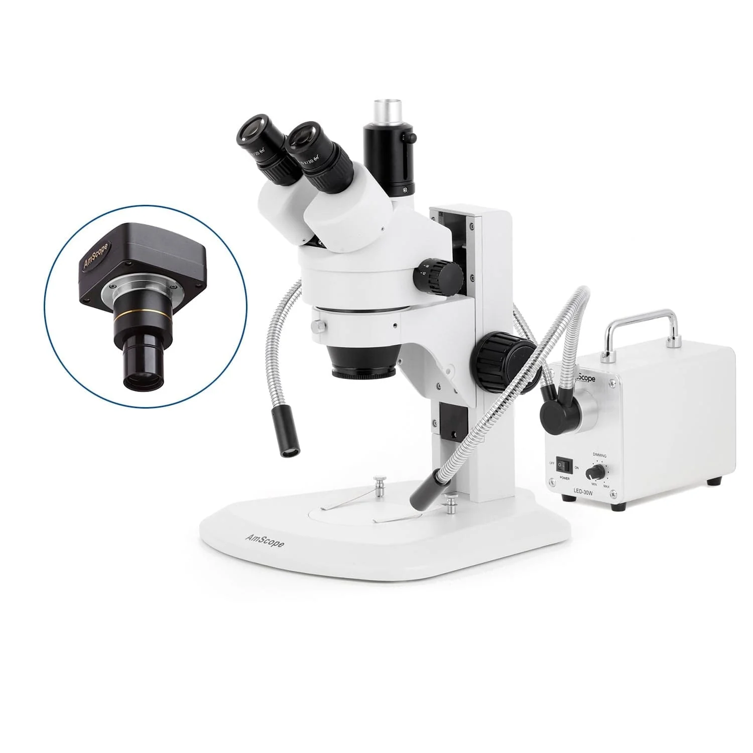 AmScope SM-1 Series Zoom Trinocular Stereo Microscope with 30W LED Dual Gooseneck Fiber Optic Lights and Optional Digital Camera on Track Stand - Image 2