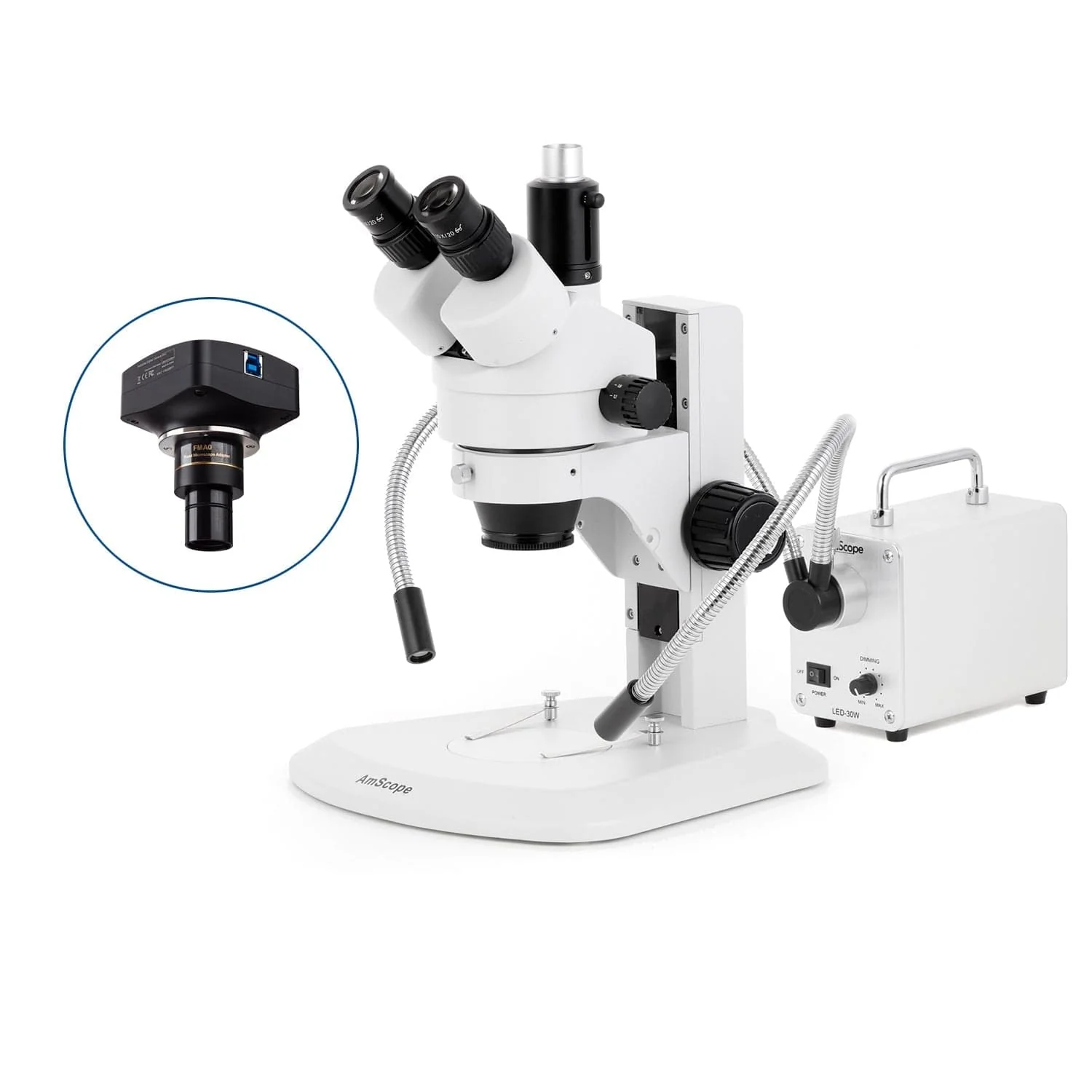 AmScope SM-1 Series Zoom Trinocular Stereo Microscope with 30W LED Dual Gooseneck Fiber Optic Lights and Optional Digital Camera on Track Stand - Image 4