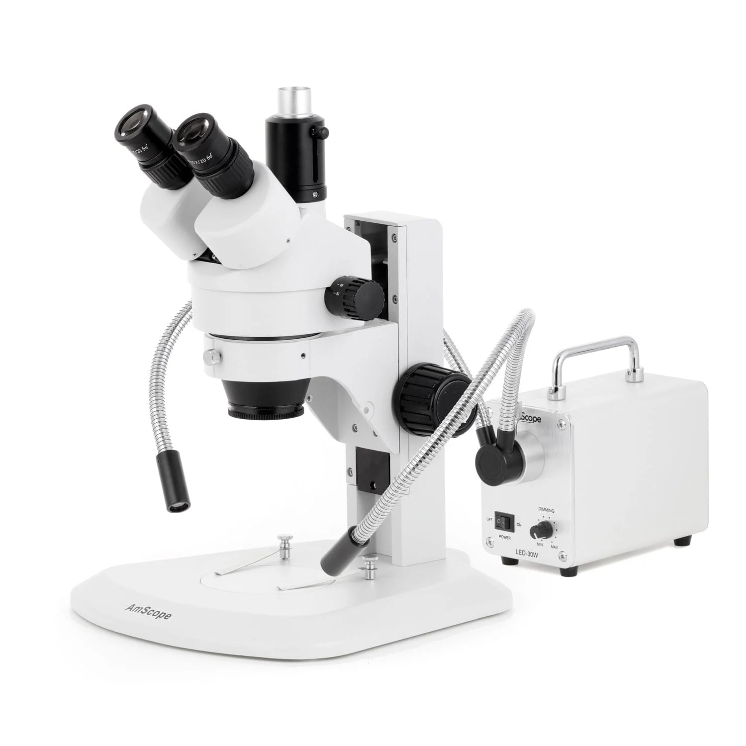 AmScope SM-1 Series Zoom Trinocular Stereo Microscope with 30W LED Dual Gooseneck Fiber Optic Lights and Auto Focus Camera on Track Stand - Image 2