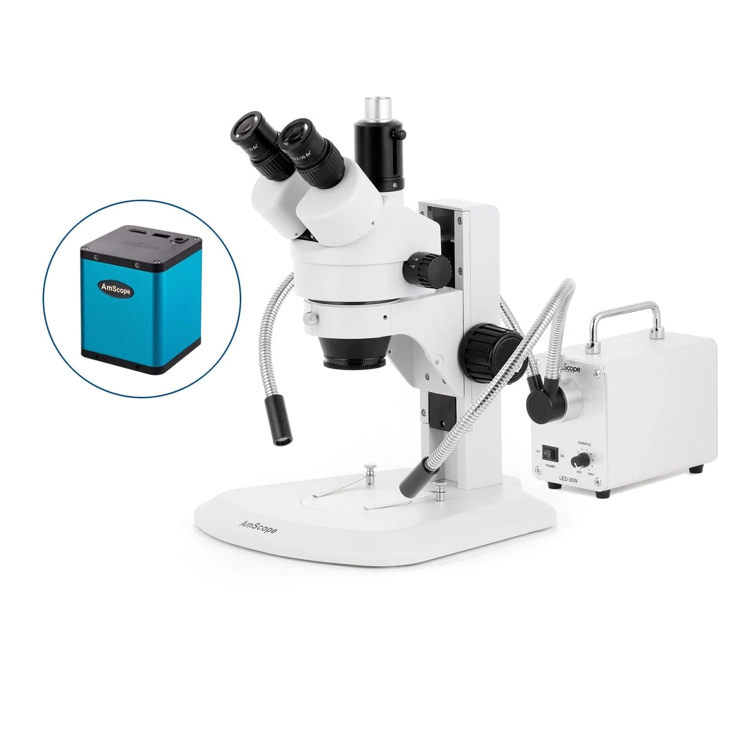 AmScope SM-1 Series Zoom Trinocular Stereo Microscope with 30W LED Dual Gooseneck Fiber Optic Lights and Auto Focus Camera on Track Stand - Image 3