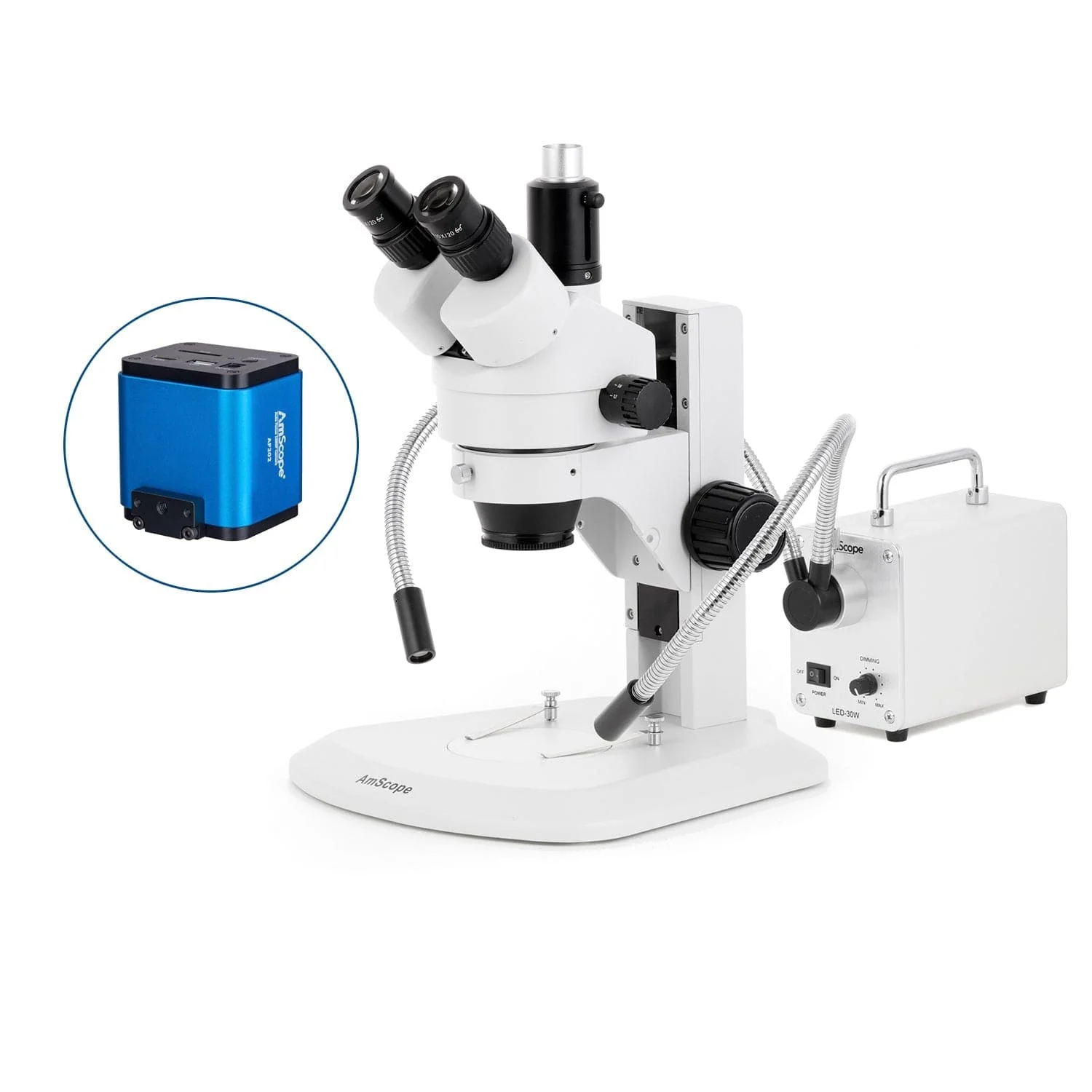 AmScope SM-1 Series Zoom Trinocular Stereo Microscope with 30W LED Dual Gooseneck Fiber Optic Lights and Auto Focus Camera on Track Stand - Image 5
