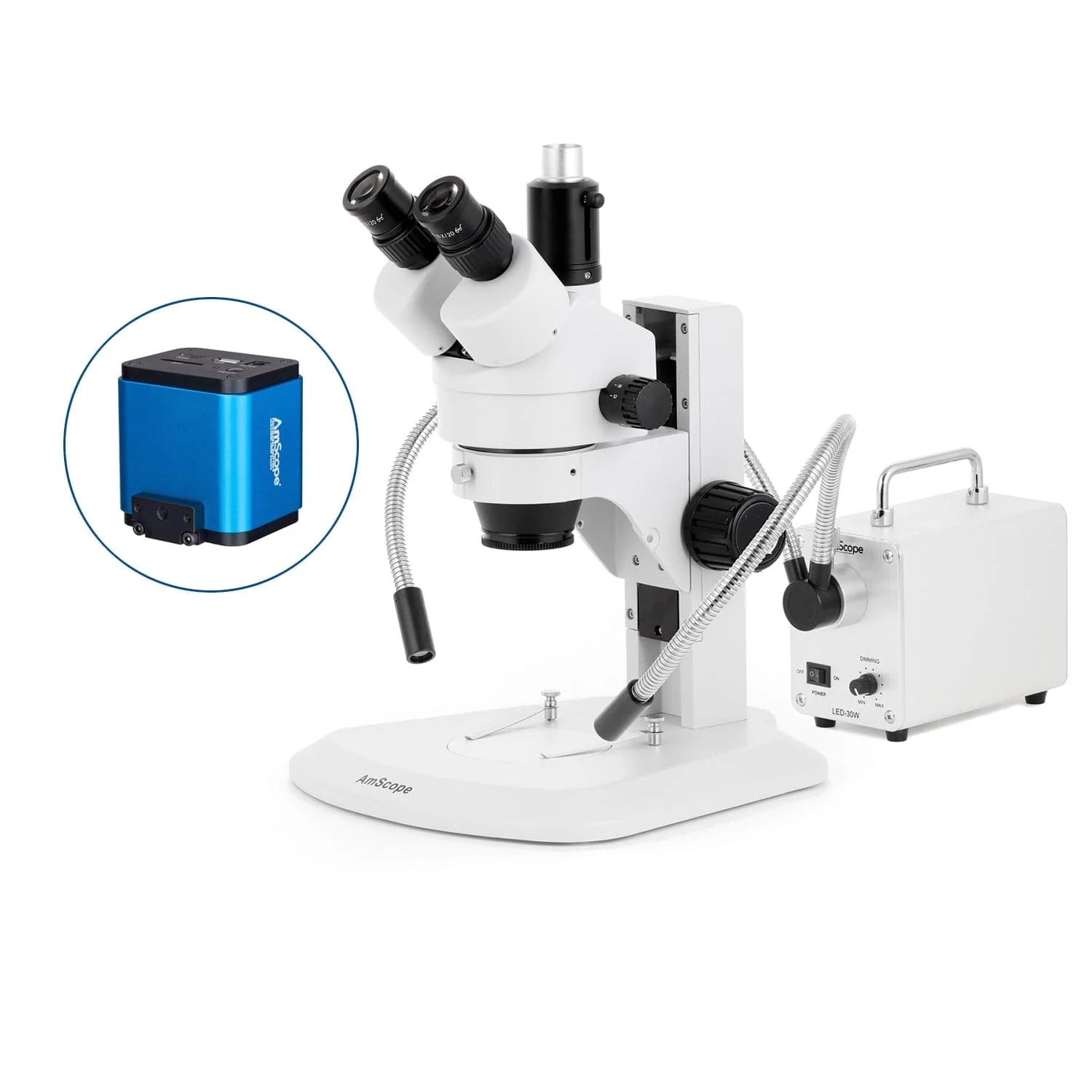 AmScope SM-1 Series Zoom Trinocular Stereo Microscope with 30W LED Dual Gooseneck Fiber Optic Lights and HDMI Camera on Track Stand - Image 9